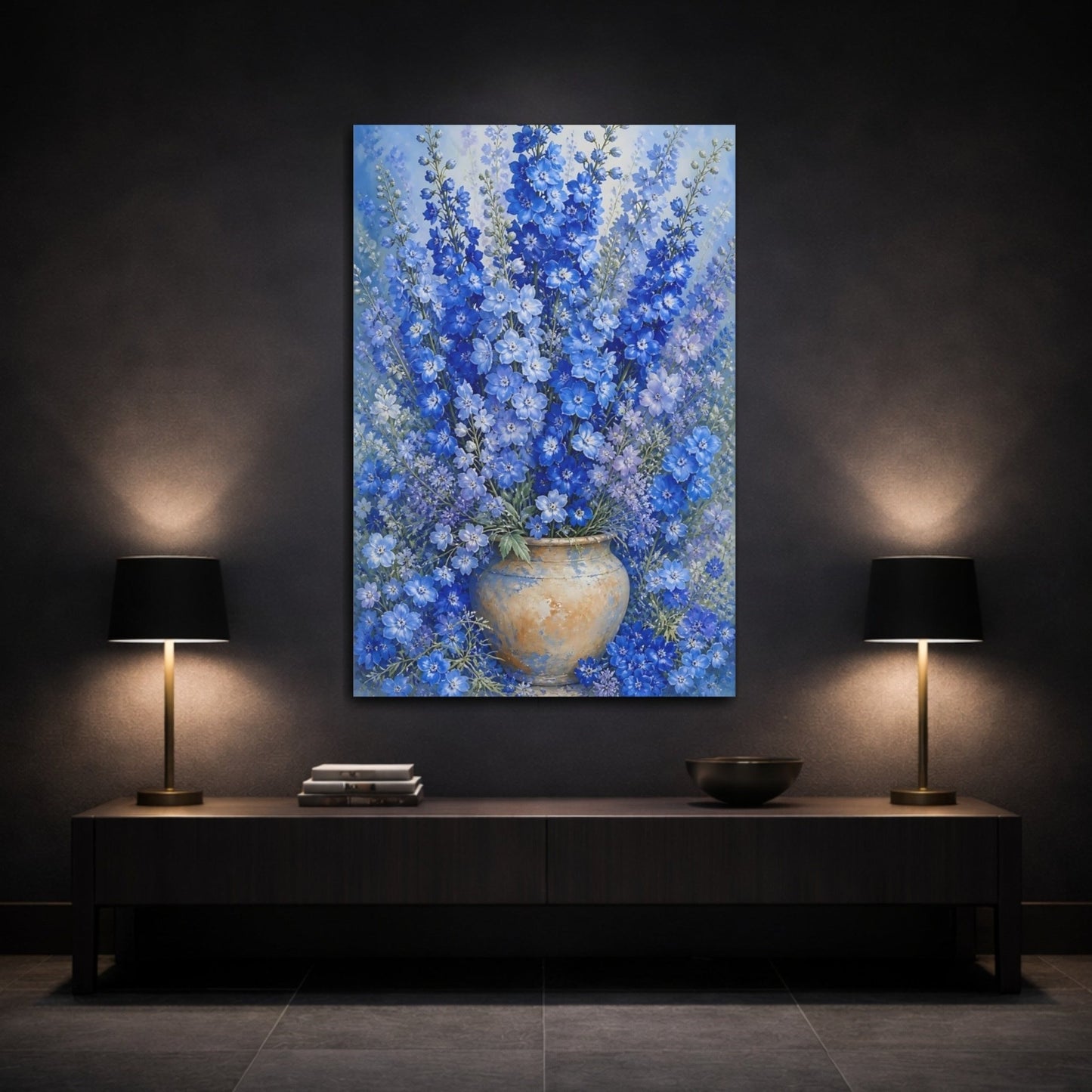 Floral Delphinium Flowers Blue Canvas Print Wall Art – Botanical Living Room, Above Couch - YesArtYes