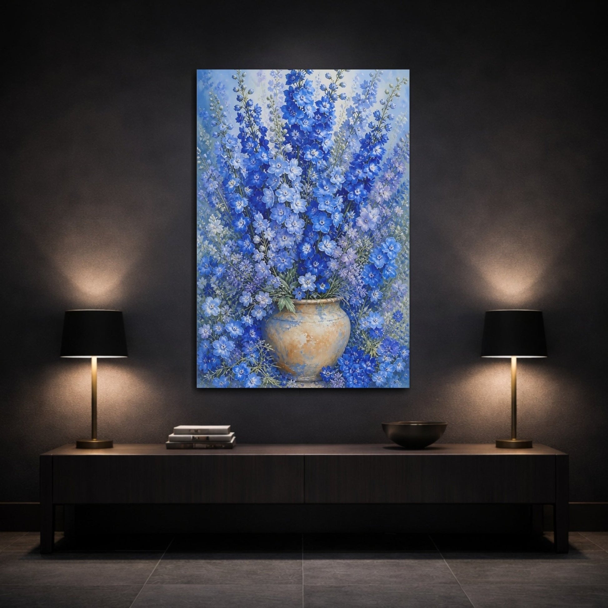 Floral Delphinium Flowers Blue Canvas Print Wall Art – Botanical Living Room, Above Couch - YesArtYes