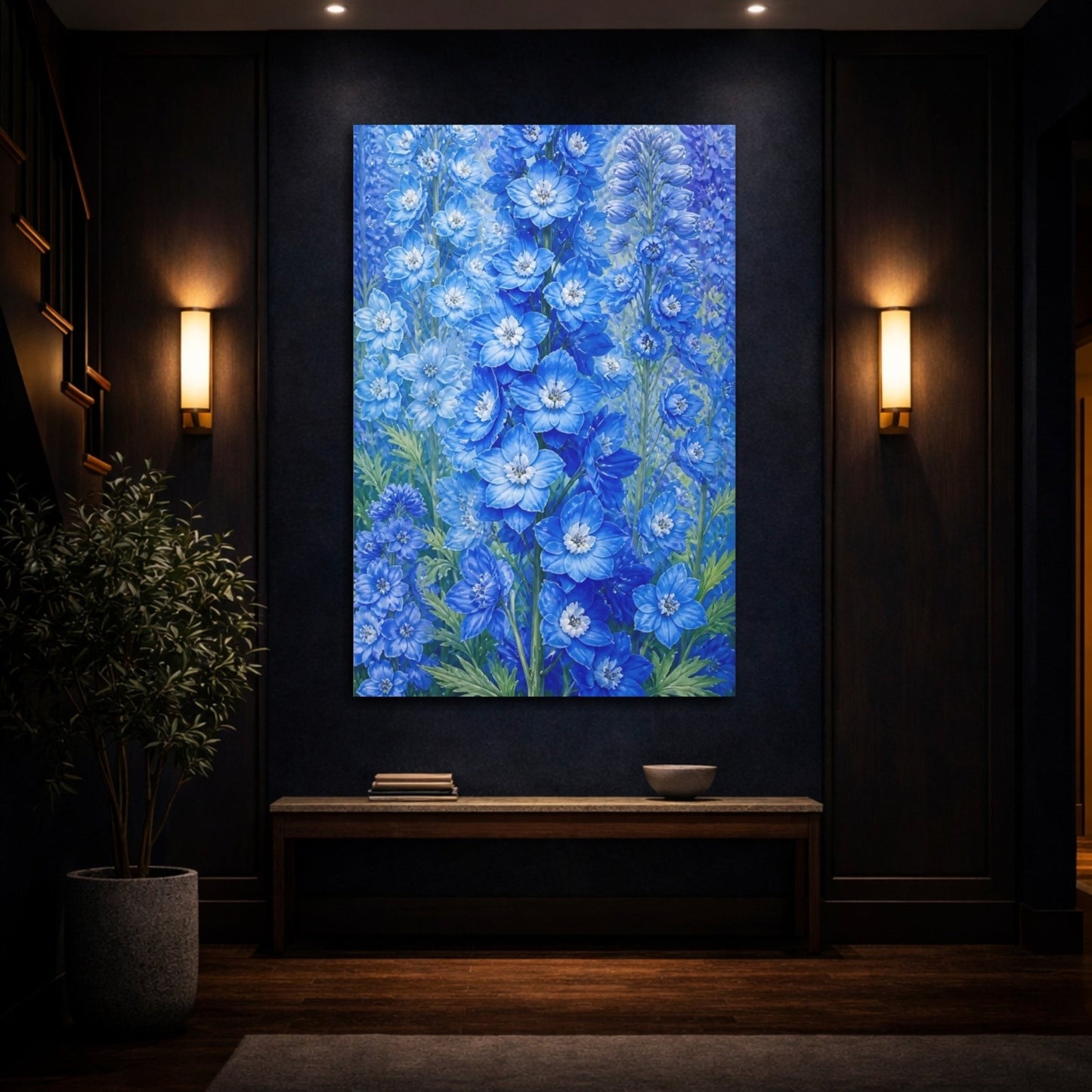 Floral Delphinium Flowers Blue Canvas Print Wall Art – Botanical Living Room, Above Couch - YesArtYes