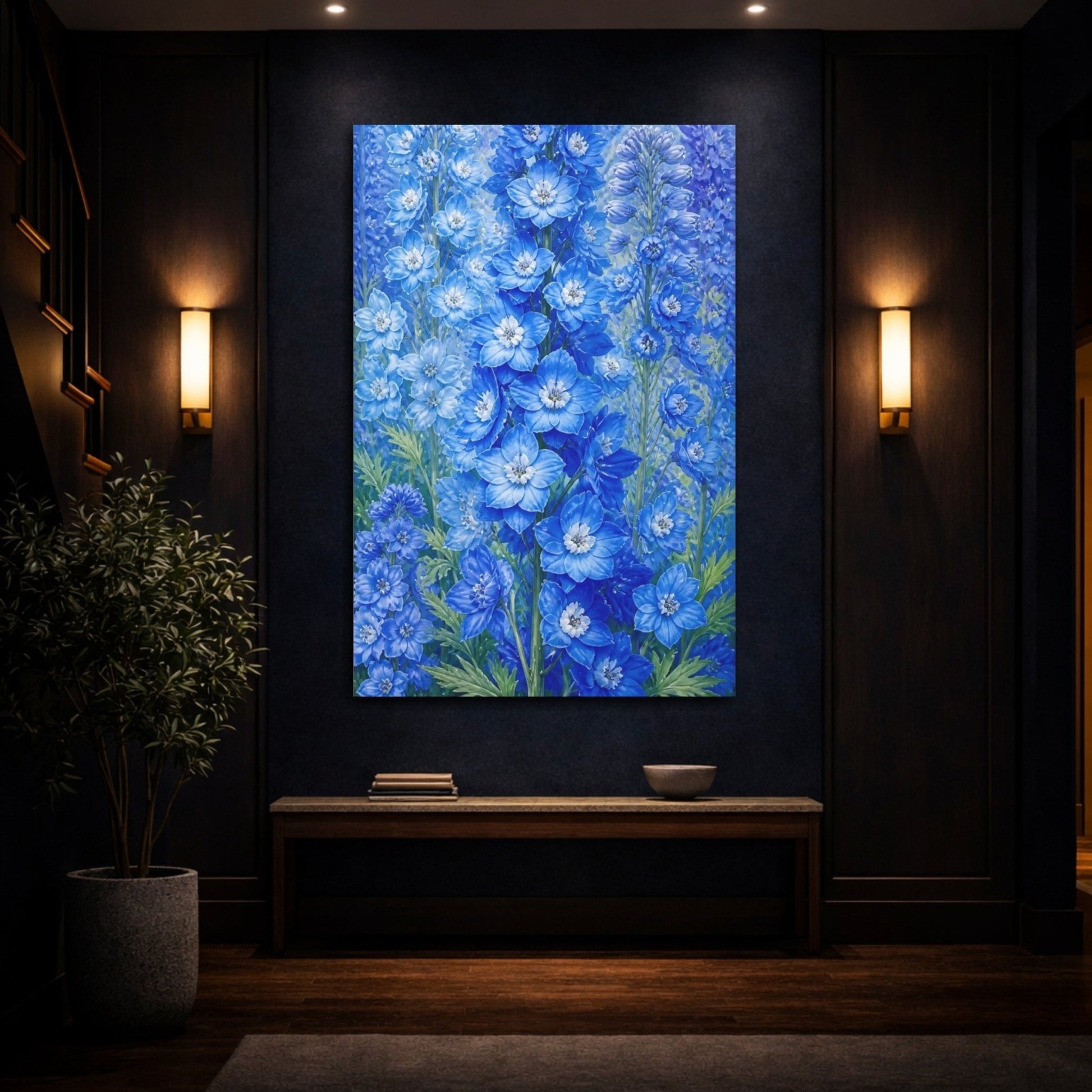 Floral Delphinium Flowers Blue Canvas Print Wall Art – Botanical Living Room, Above Couch - YesArtYes