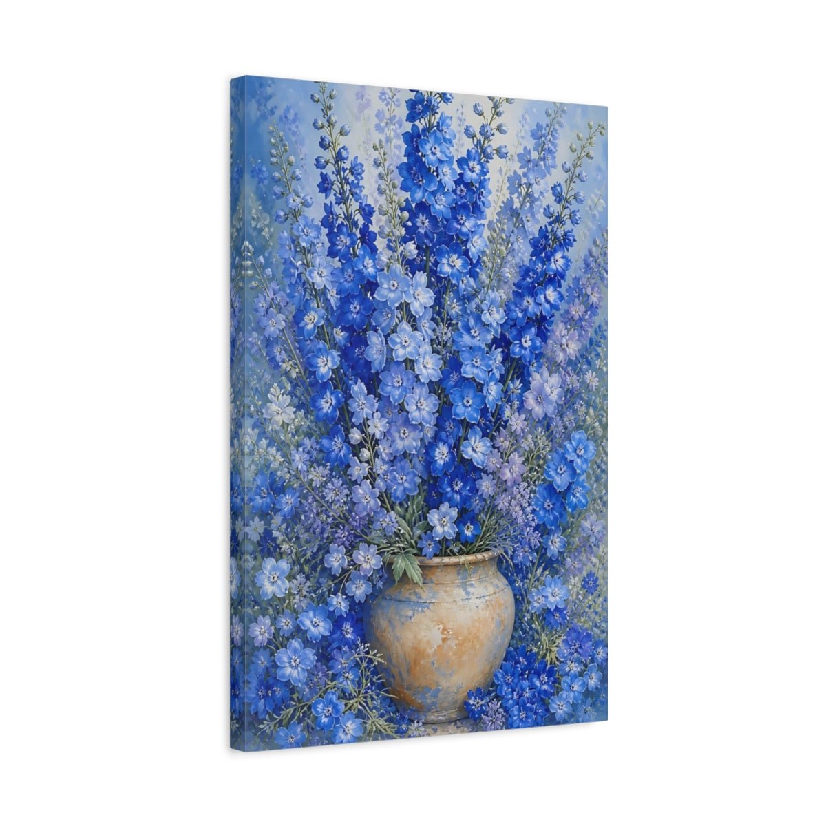 Floral Delphinium Flowers Blue Canvas Print Wall Art – Botanical Living Room, Above Couch - YesArtYes