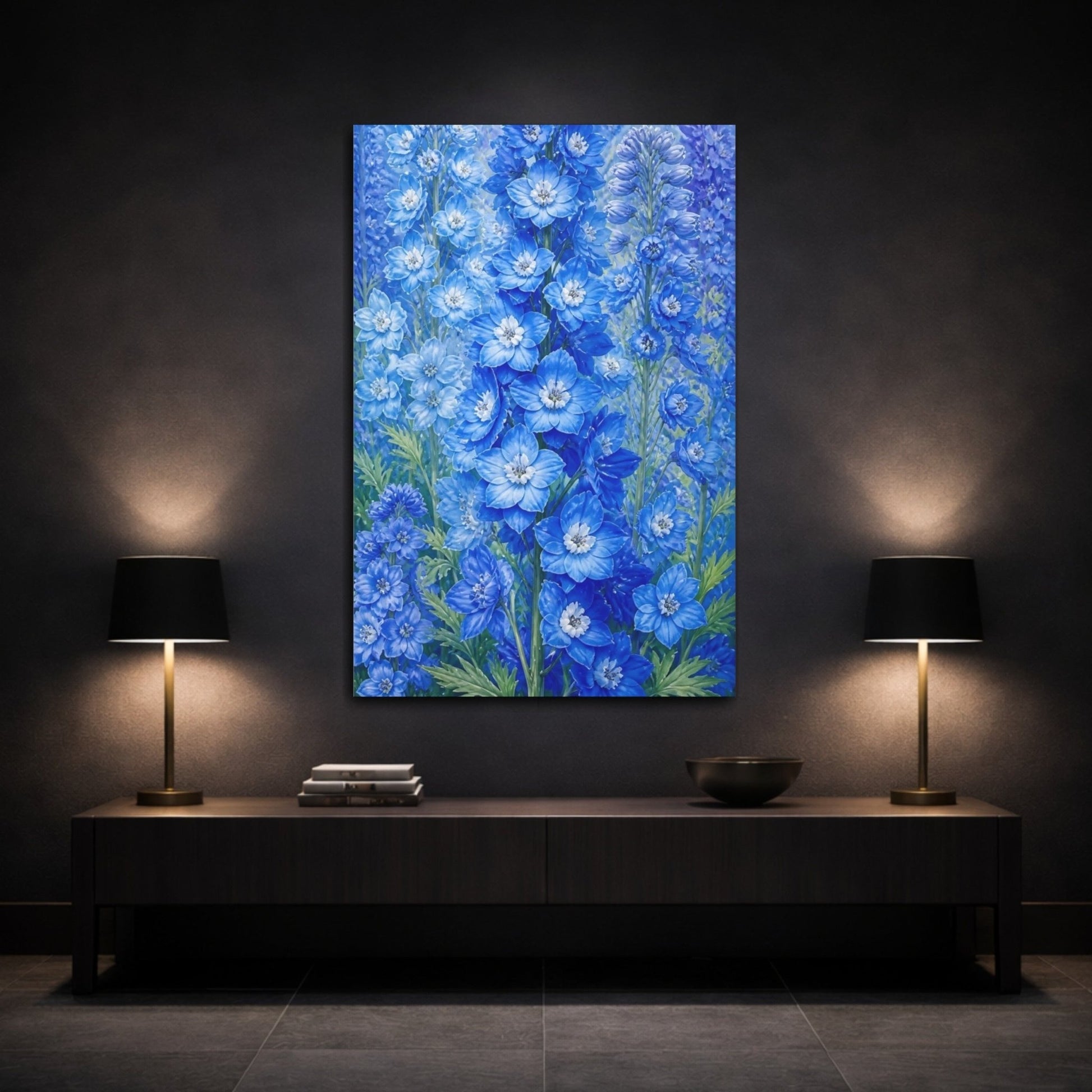 Floral Delphinium Flowers Blue Canvas Print Wall Art – Botanical Living Room, Above Couch - YesArtYes