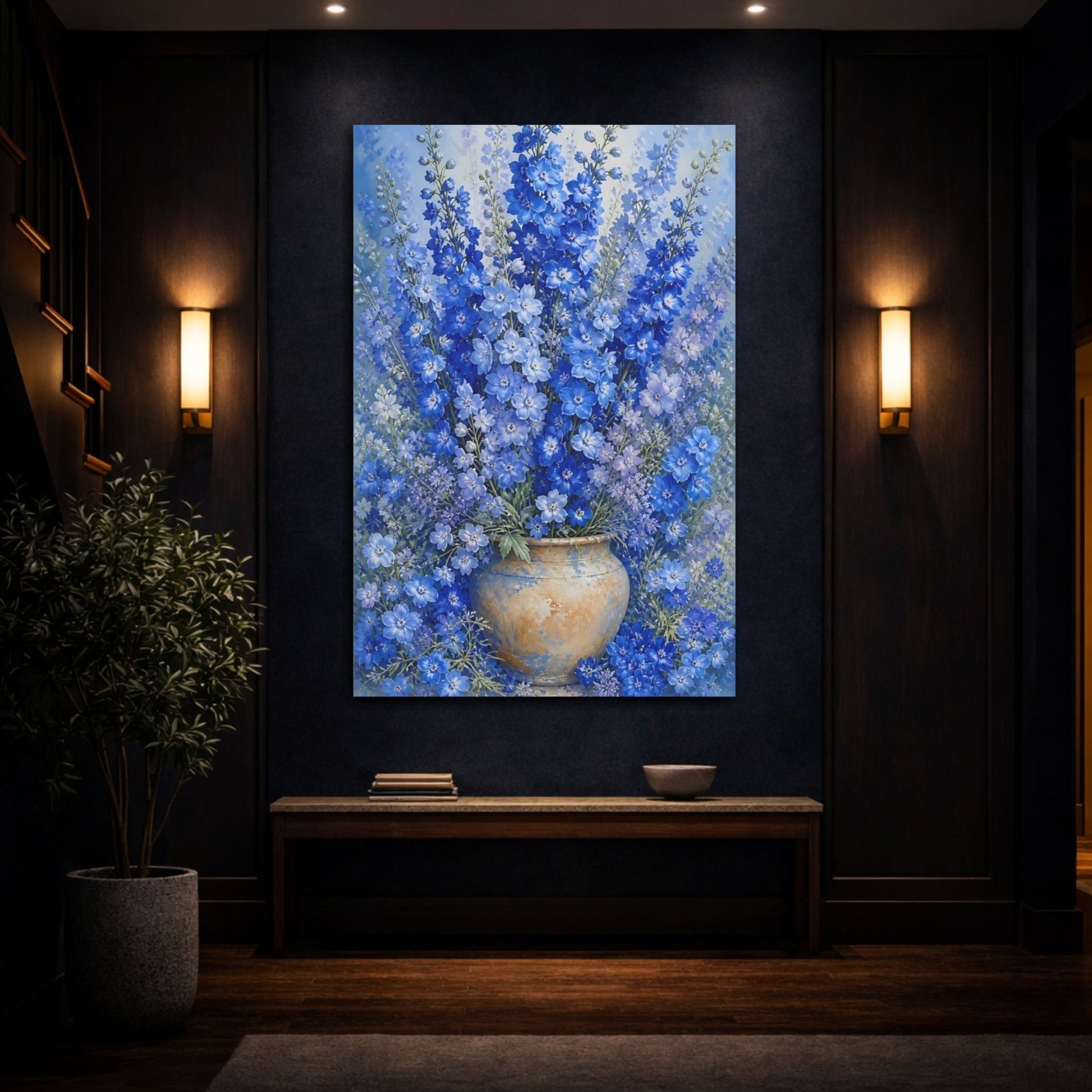Floral Delphinium Flowers Blue Canvas Print Wall Art – Botanical Living Room, Above Couch - YesArtYes