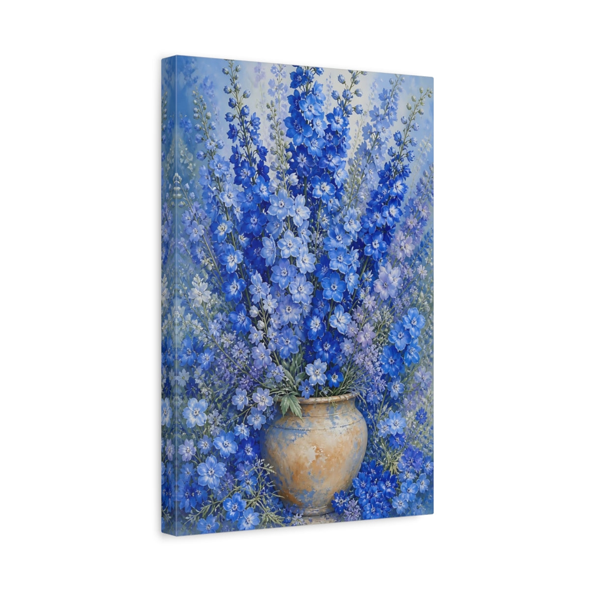 Side Mockup 4. Floral Delphinium Flowers Blue Floral shown as canvas print