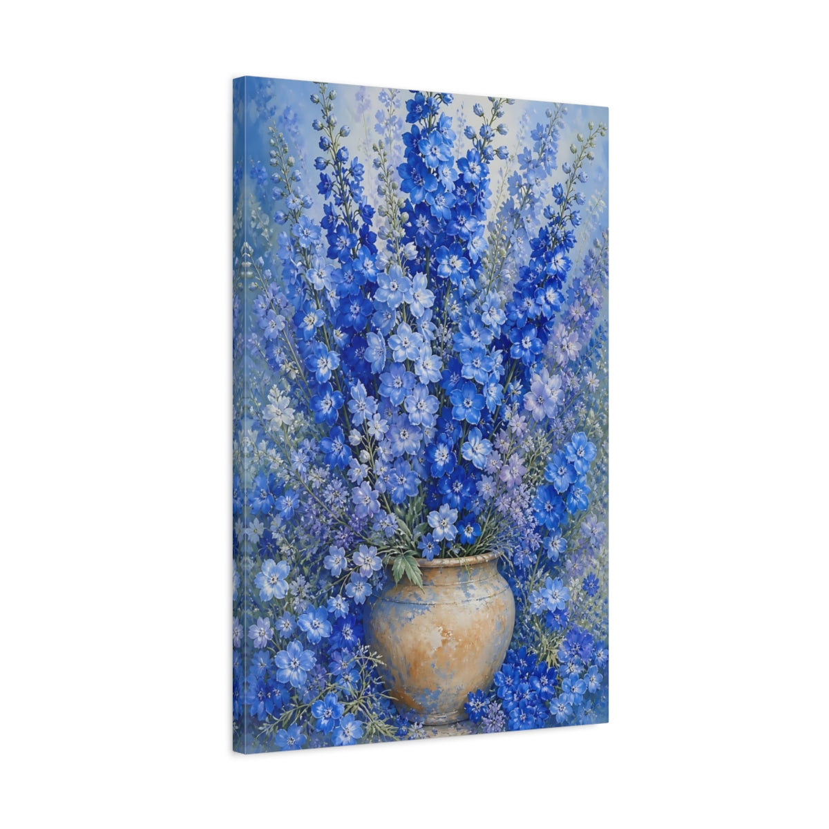 Side Mockup 2. Floral Delphinium Flowers Blue Floral shown as canvas print