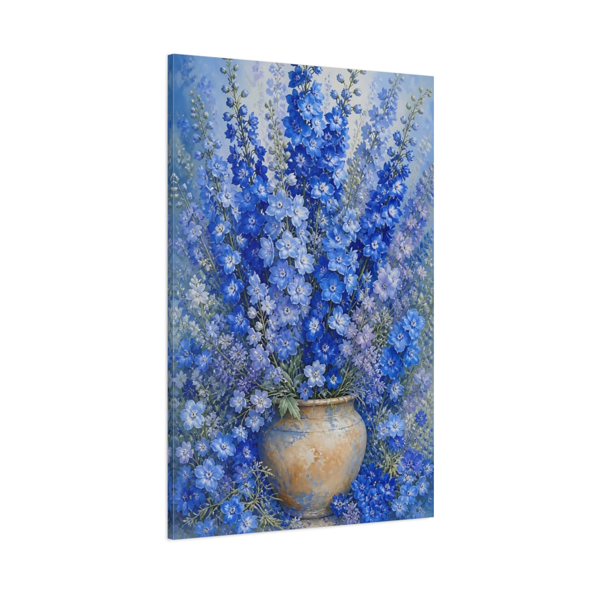 Side Mockup 1. Floral Delphinium Flowers Blue Floral shown as canvas print