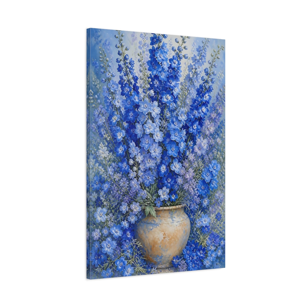 Main Mockup. Floral Delphinium Flowers Blue Floral shown as canvas print