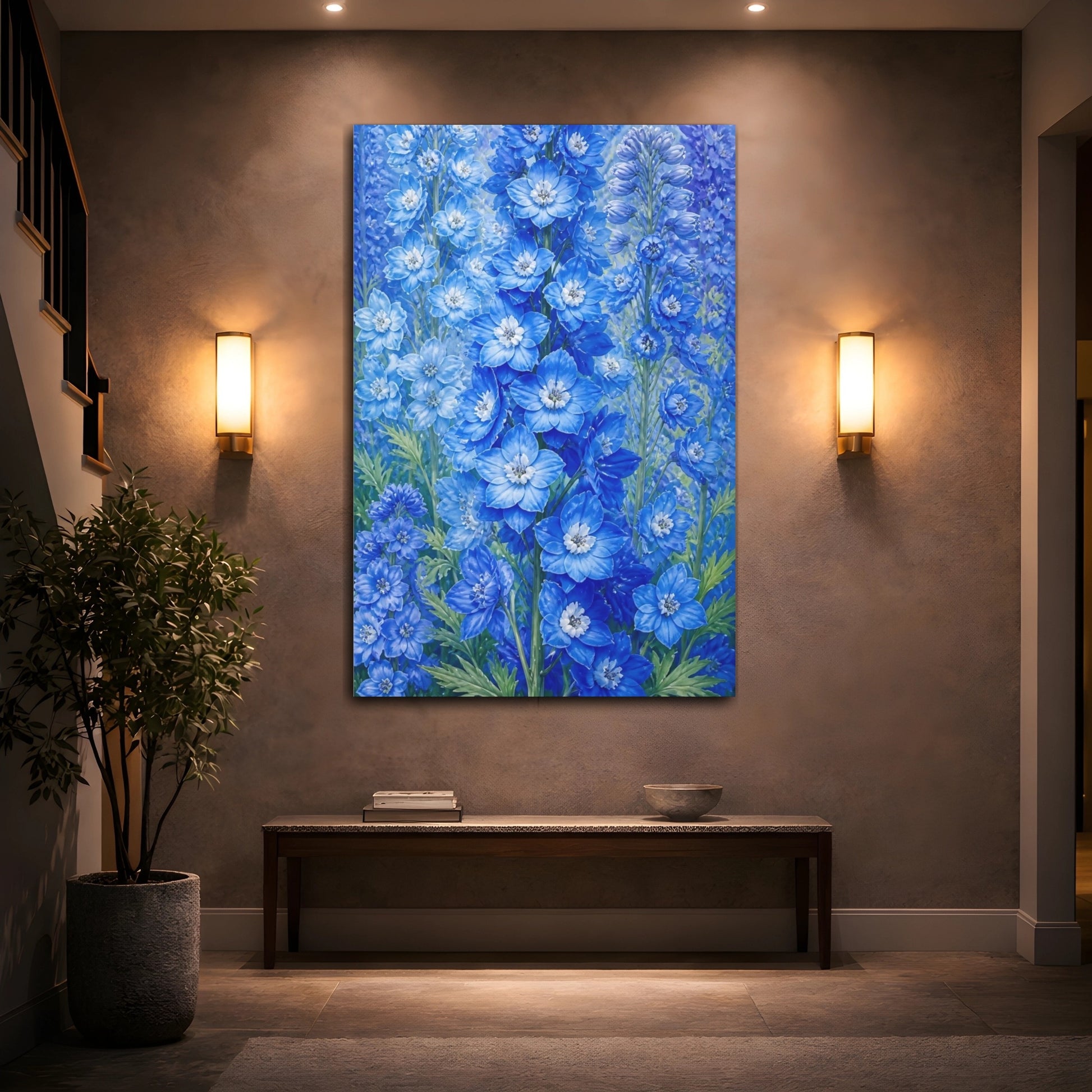 Mockup 2. Floral Delphinium Flowers Blue Floral shown as canvas print