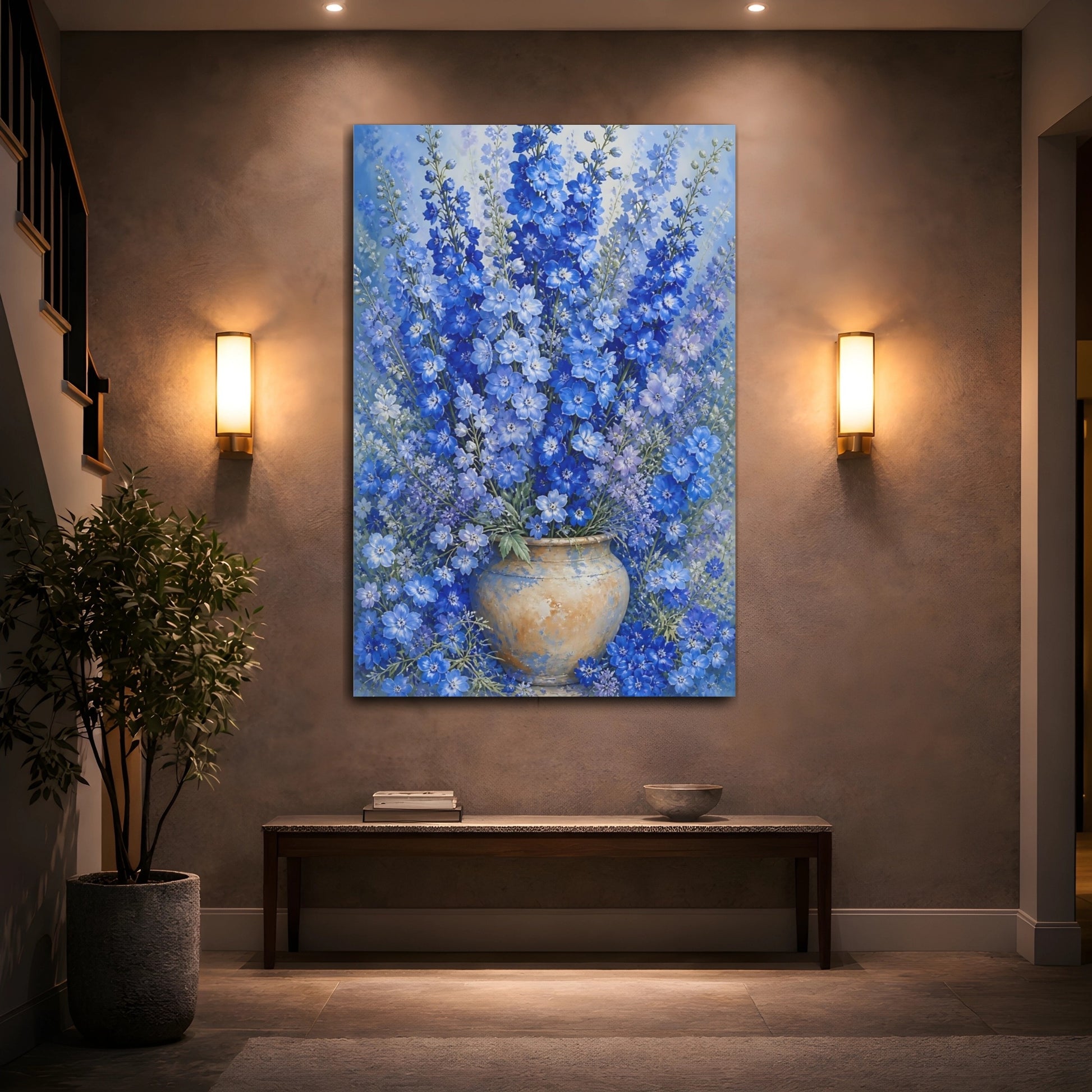 Mockup 2. Floral Delphinium Flowers Blue Floral shown as canvas print