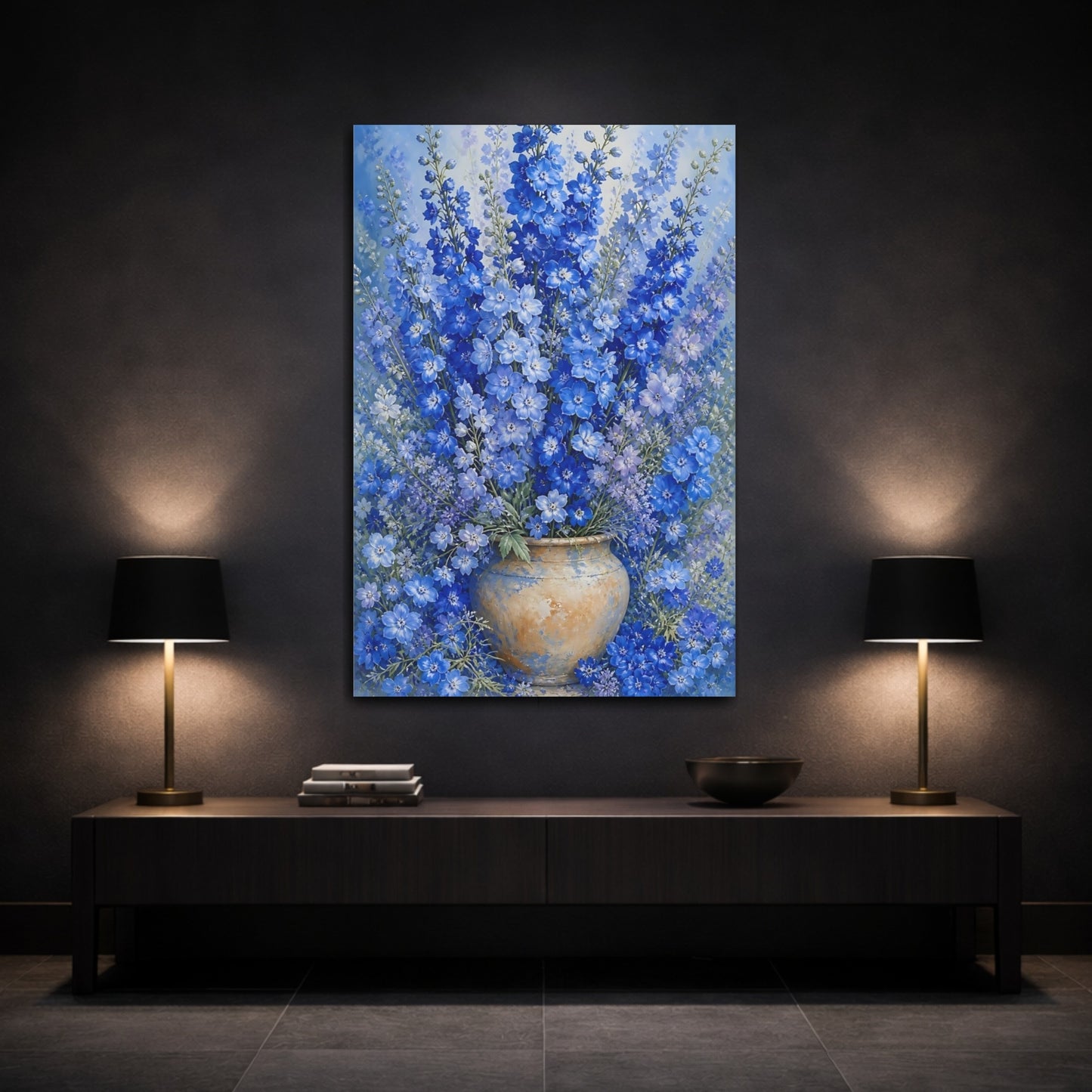 Mockup 3. Floral Delphinium Flowers Blue Floral shown as canvas print