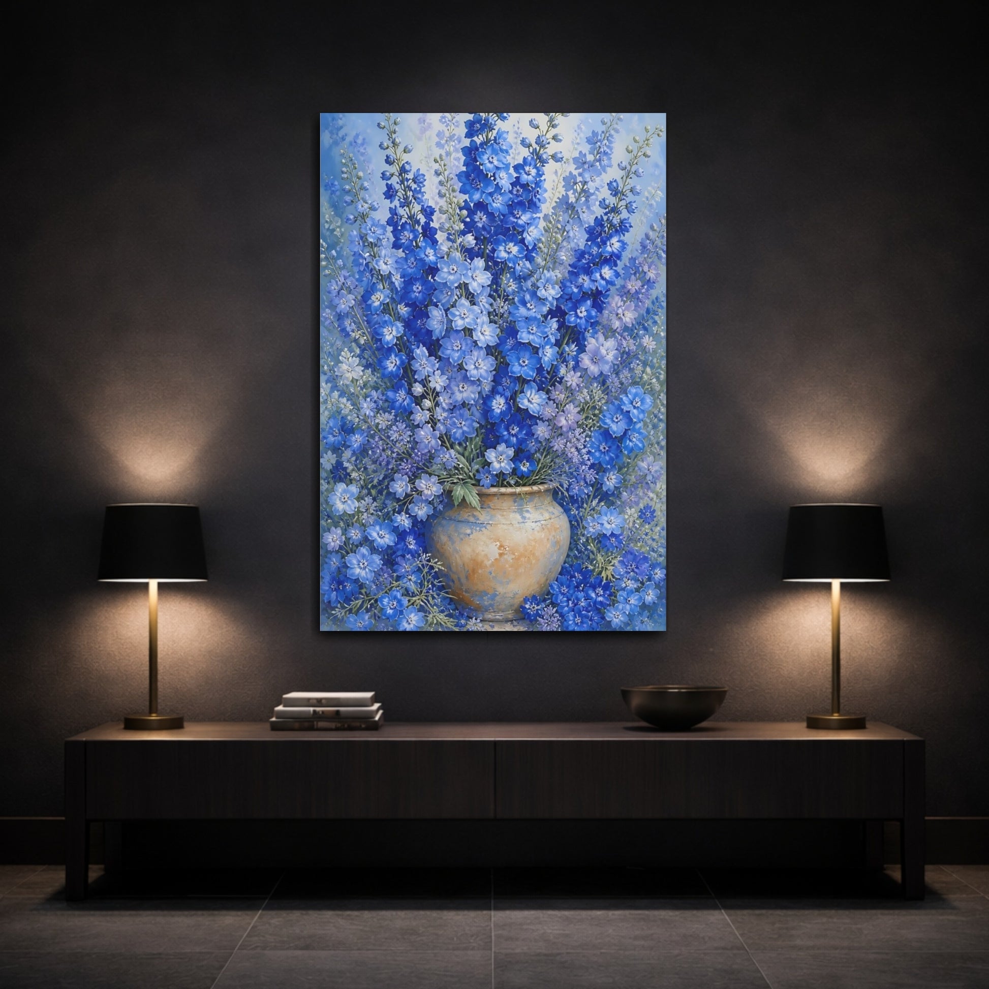 Mockup 3. Floral Delphinium Flowers Blue Floral shown as canvas print