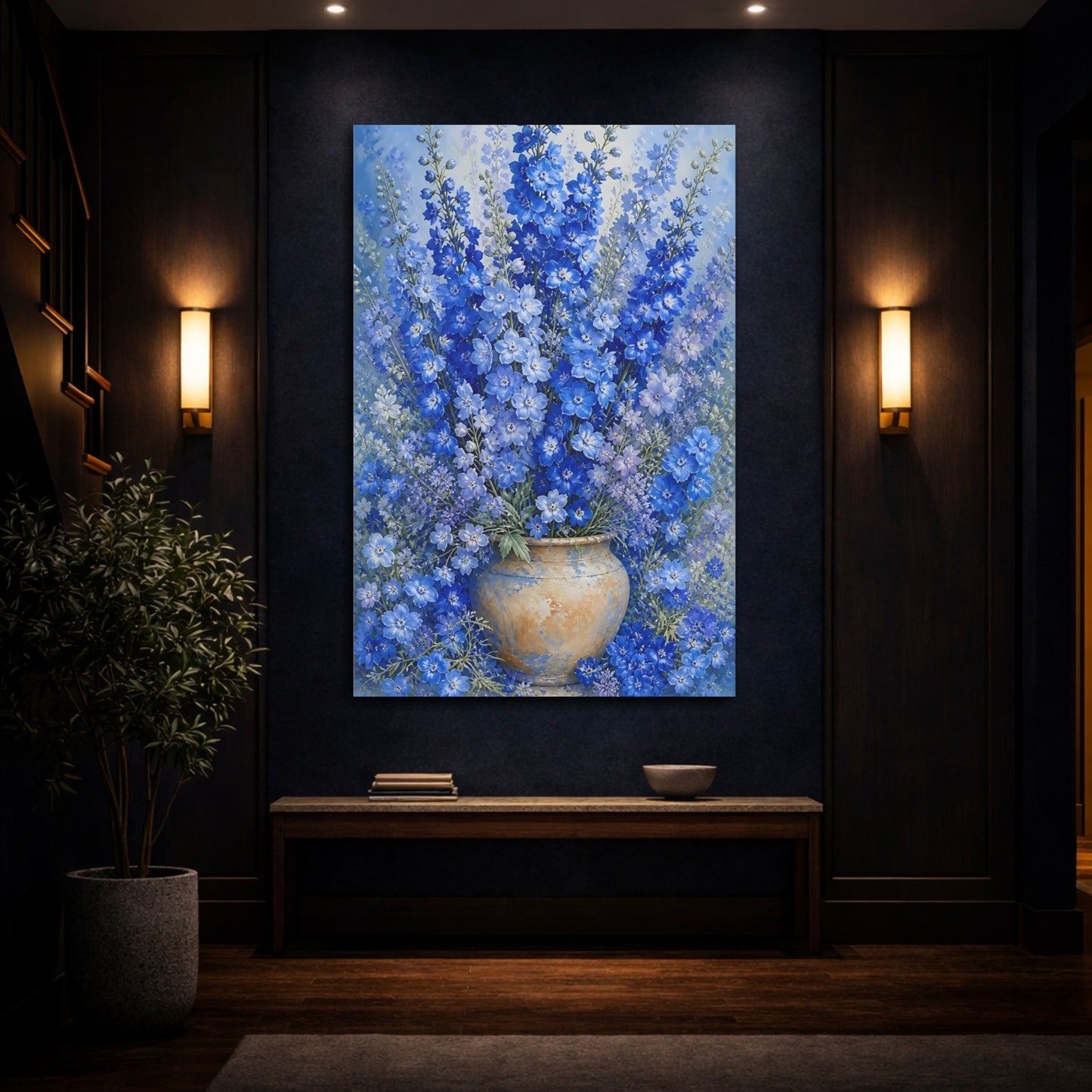 Mockup 4. Floral Delphinium Flowers Blue Floral shown as canvas print