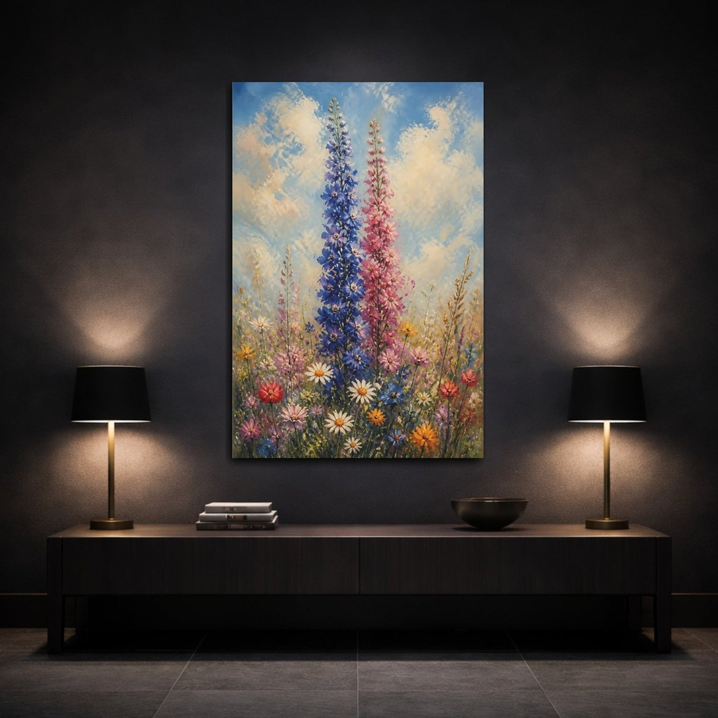 Floral Delphinium Flowers Colorful Canvas Wall Art Print – Impressionistic Living Room, Above Console Table - YesArtYes