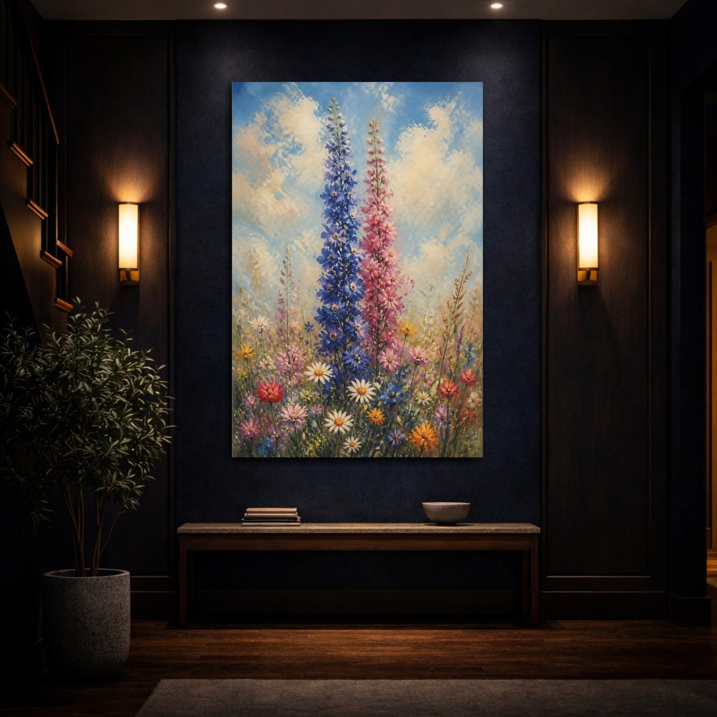 Floral Delphinium Flowers Colorful Canvas Wall Art Print – Impressionistic Living Room, Above Console Table - YesArtYes