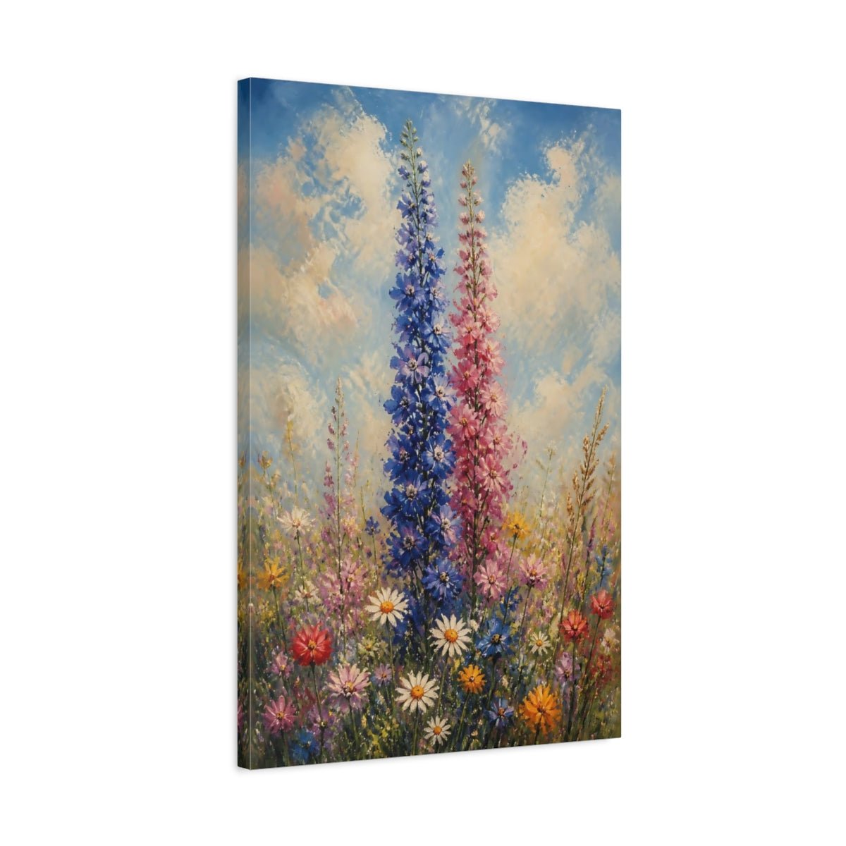 Floral Delphinium Flowers Colorful Canvas Wall Art Print – Impressionistic Living Room, Above Console Table - YesArtYes