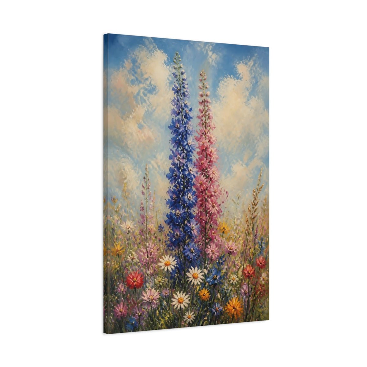 Floral Delphinium Flowers Colorful Canvas Wall Art Print – Impressionistic Living Room, Above Console Table - YesArtYes