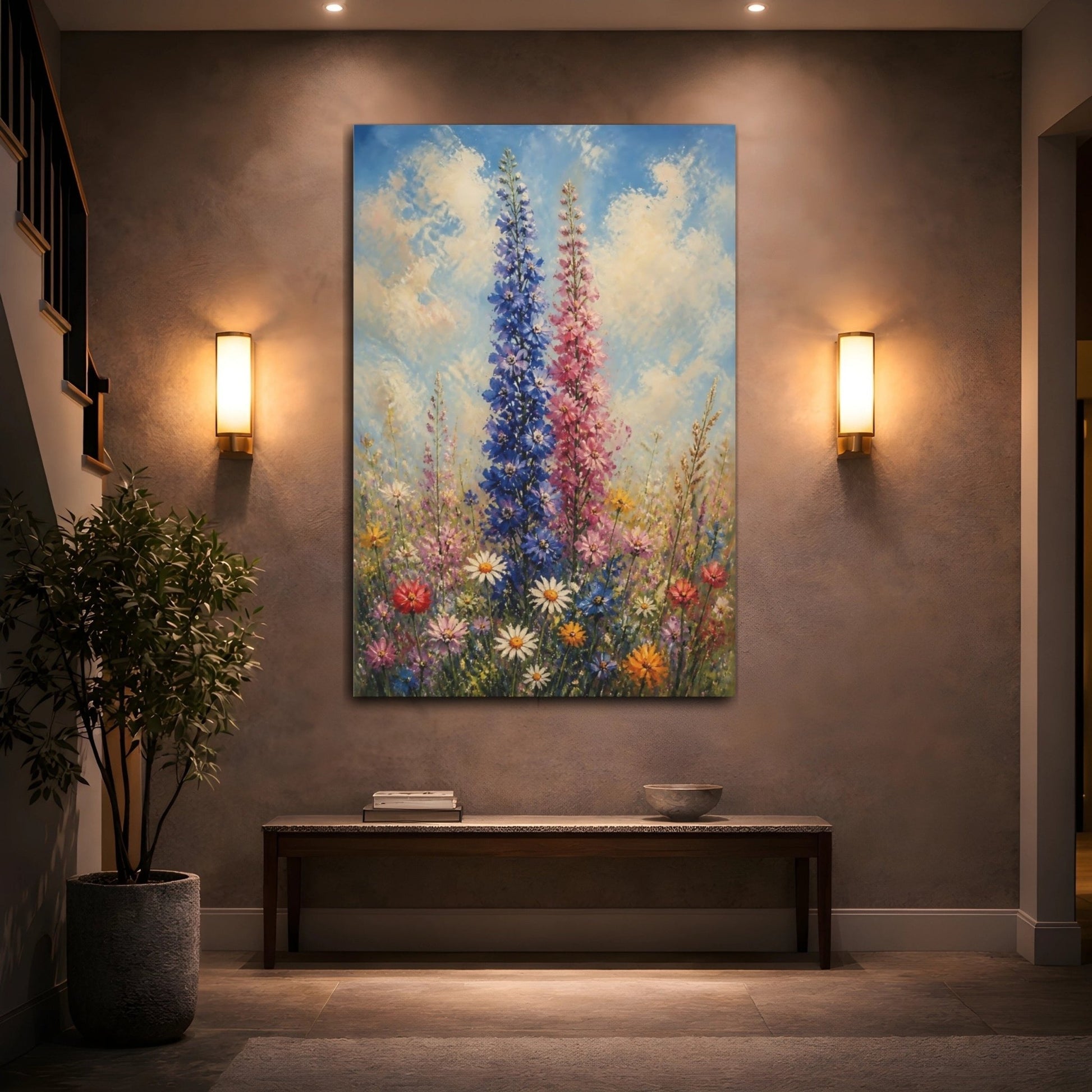 Floral Delphinium Flowers Colorful Canvas Wall Art Print – Impressionistic Living Room, Above Console Table - YesArtYes