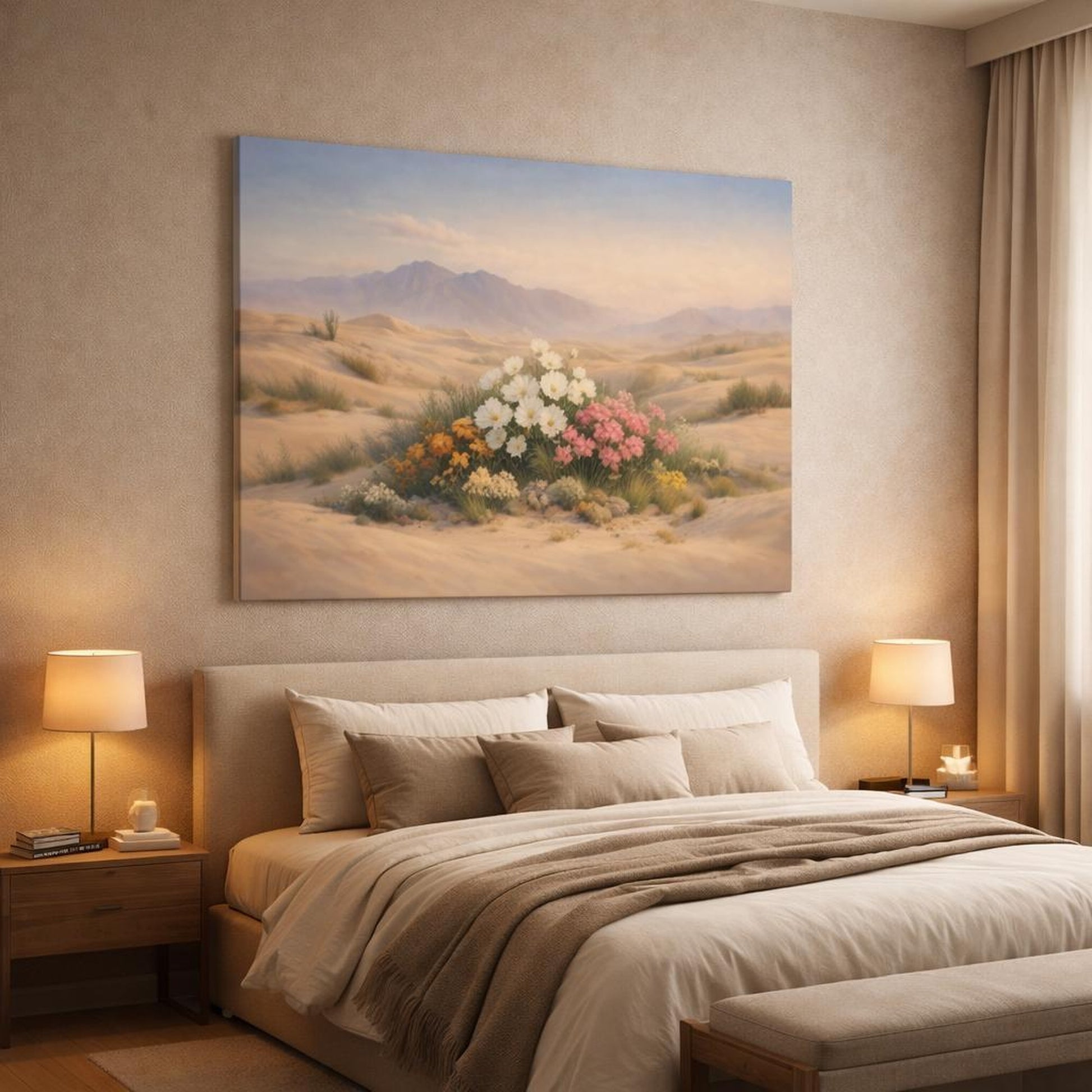 Floral Desert Dunes shown as canvas wall art in a luxury bedroom