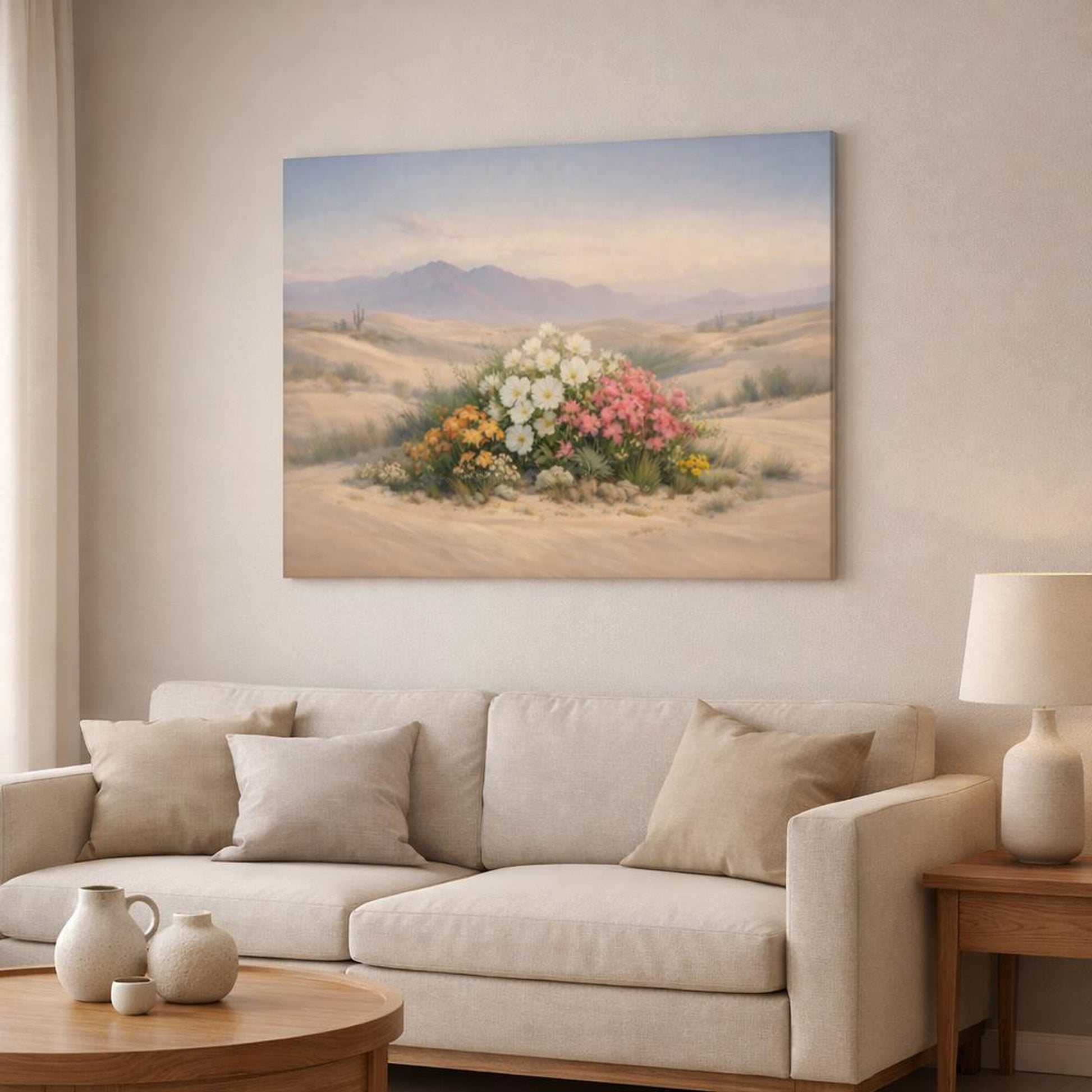 Floral Desert Dunes shown as canvas wall art in a modern living room