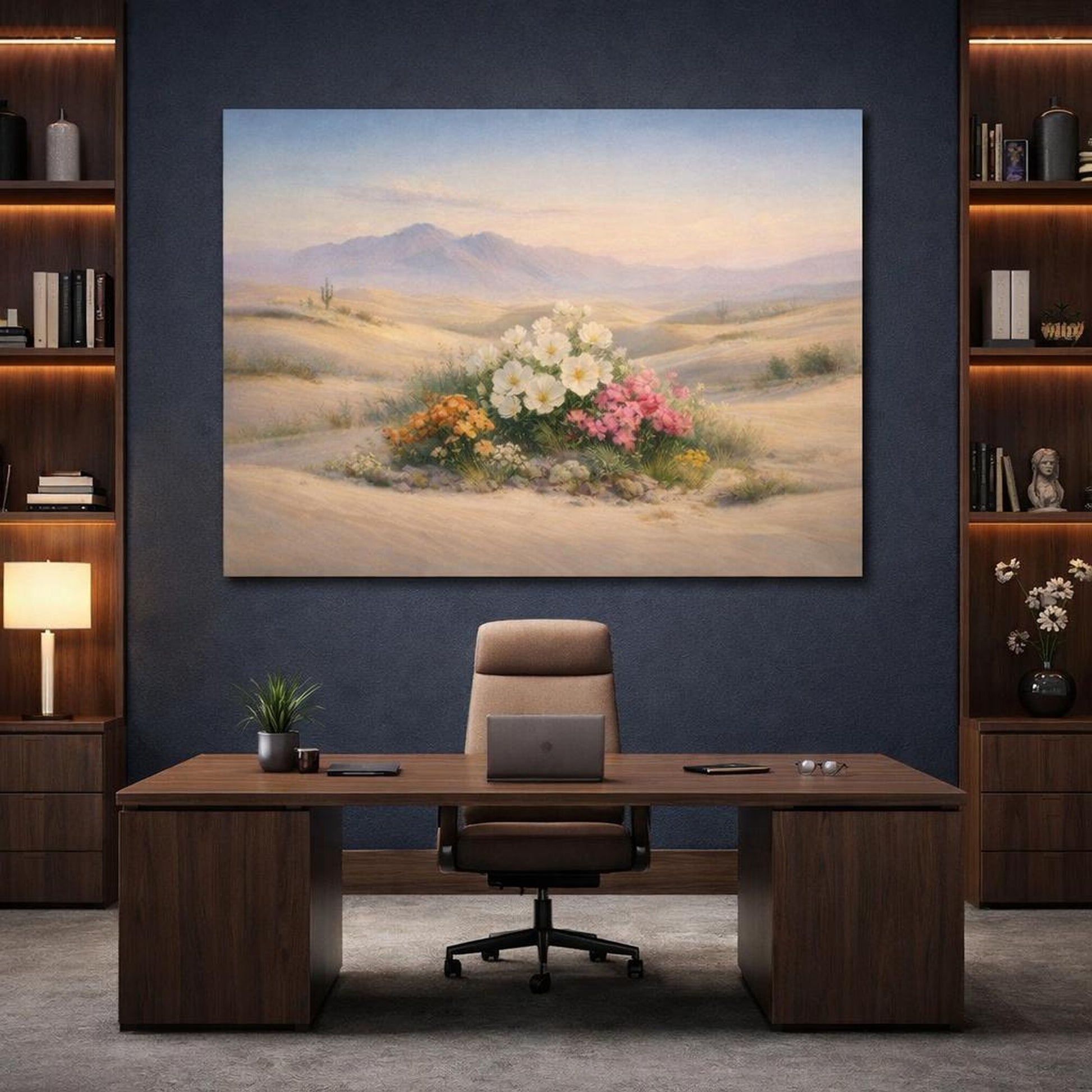 Floral Desert Dunes shown as canvas wall art in a refined dining room