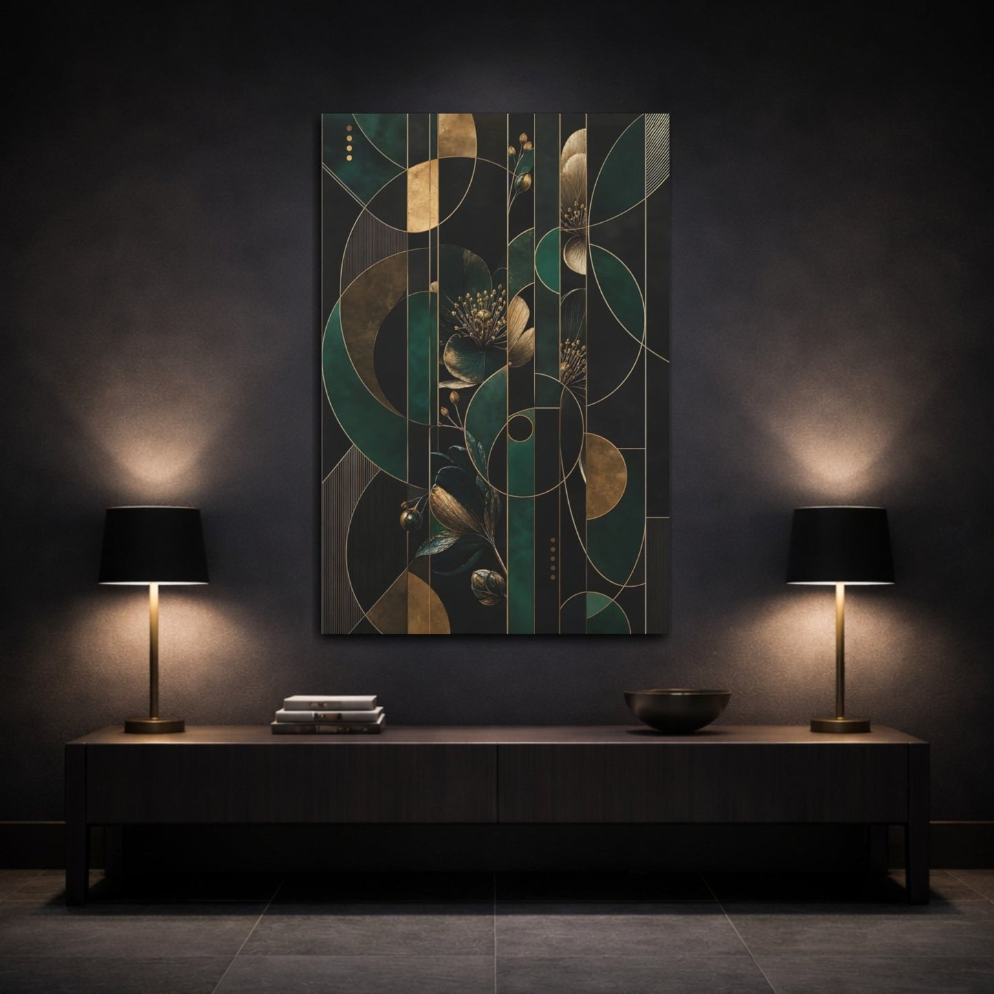 Floral Design Emerald Green Gold Canvas Wall Art Print – Deco Living Room, Above Fireplace - YesArtYes