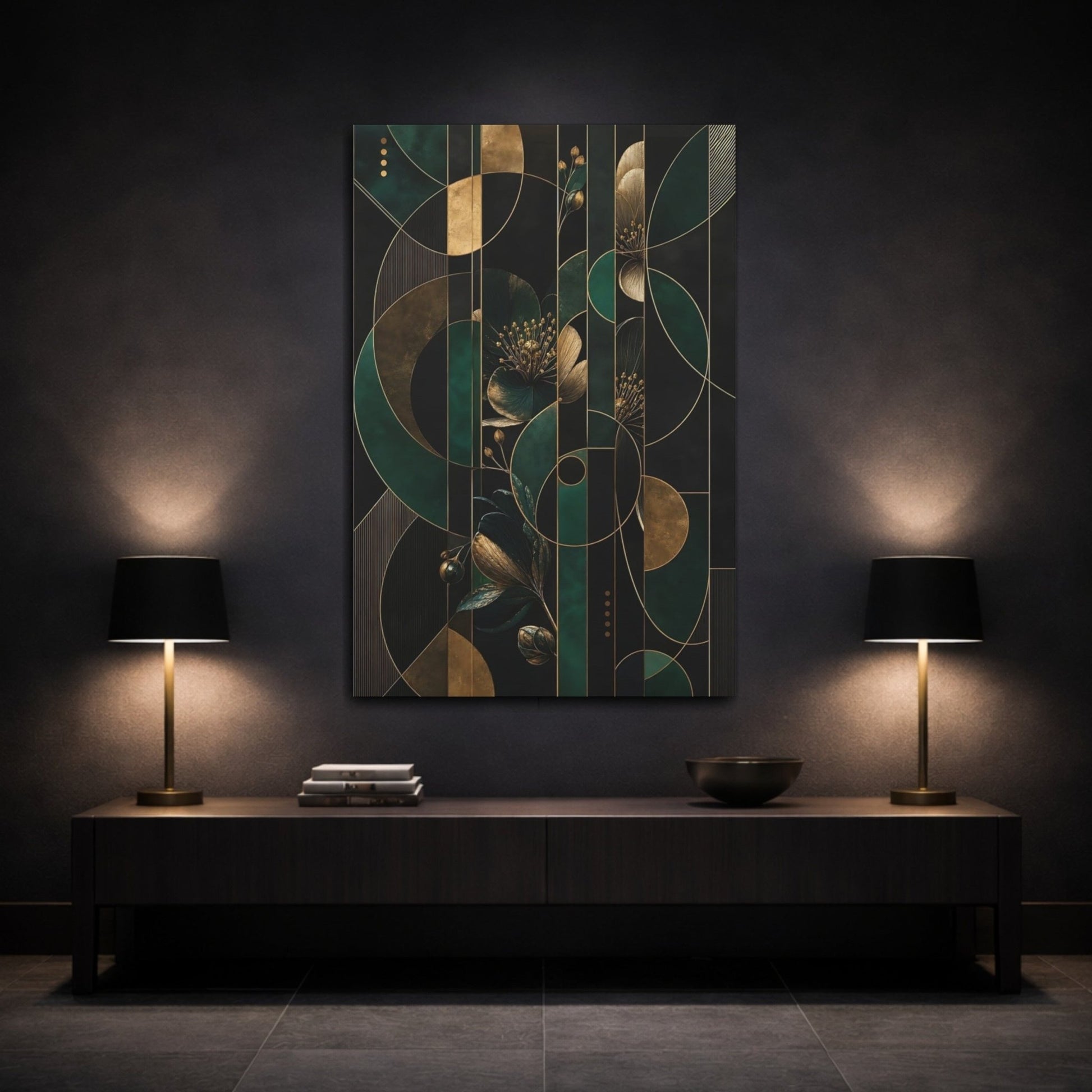 Floral Design Emerald Green Gold Canvas Wall Art Print – Deco Living Room, Above Fireplace - YesArtYes