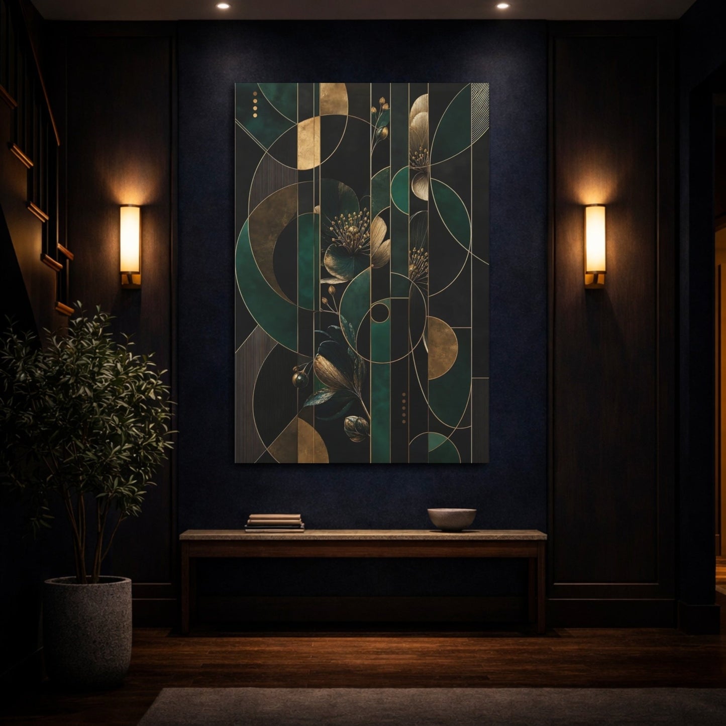 Floral Design Emerald Green Gold Canvas Wall Art Print – Deco Living Room, Above Fireplace - YesArtYes