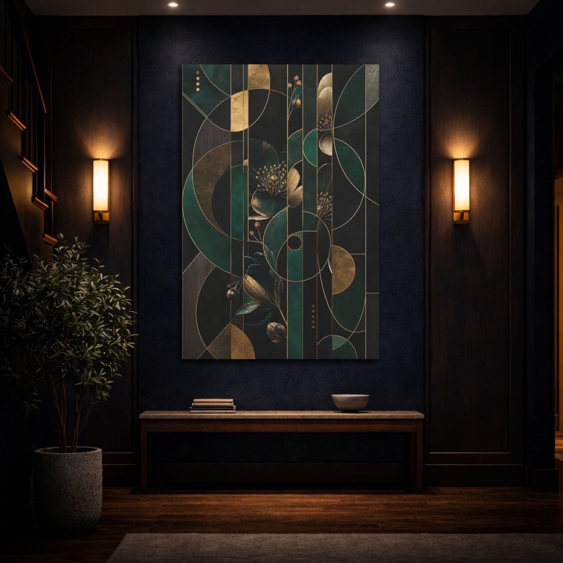 Floral Design Emerald Green Gold Canvas Wall Art Print – Deco Living Room, Above Fireplace - YesArtYes