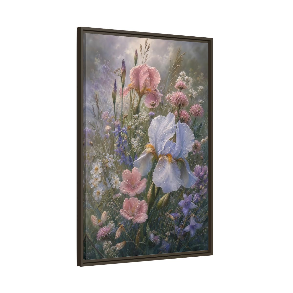 Main Mockup. Floral Dewy Flowers Pastel Floral shown as framed canvas print