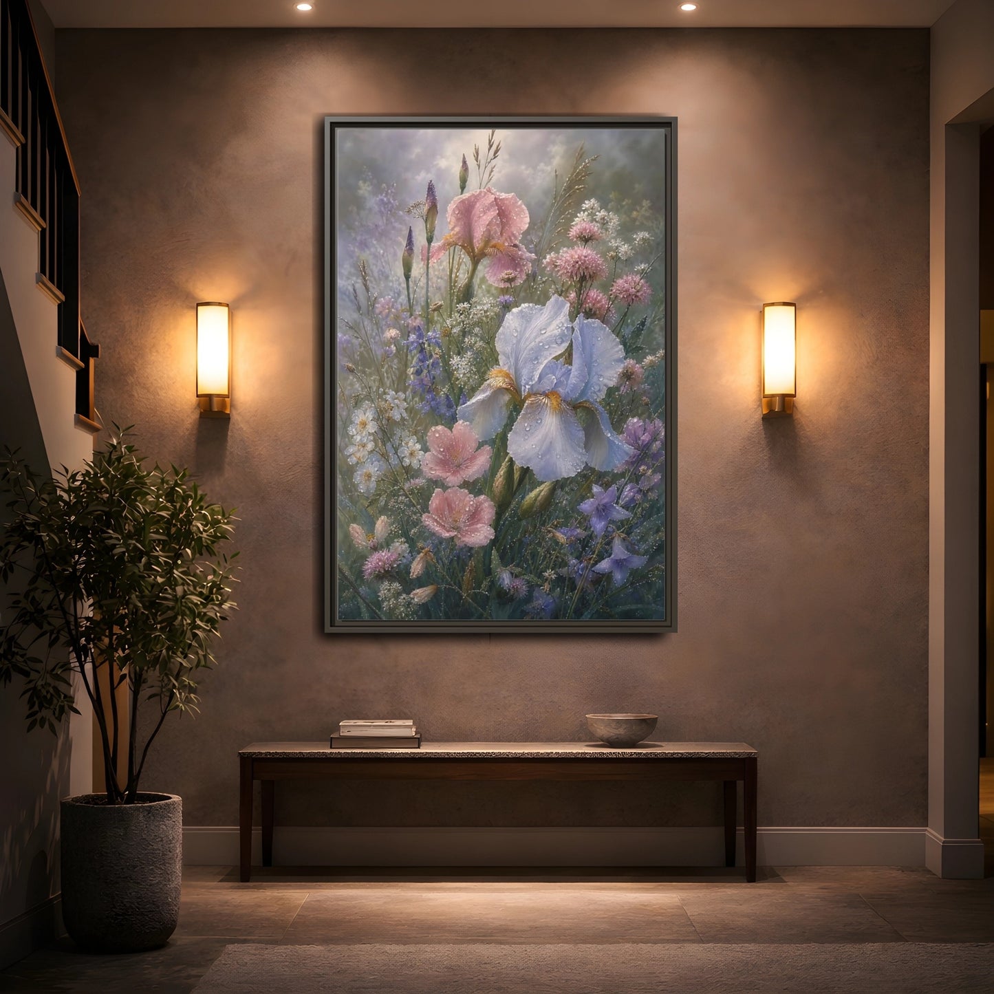 Mockup 2. Floral Dewy Flowers Pastel Floral shown as framed canvas print