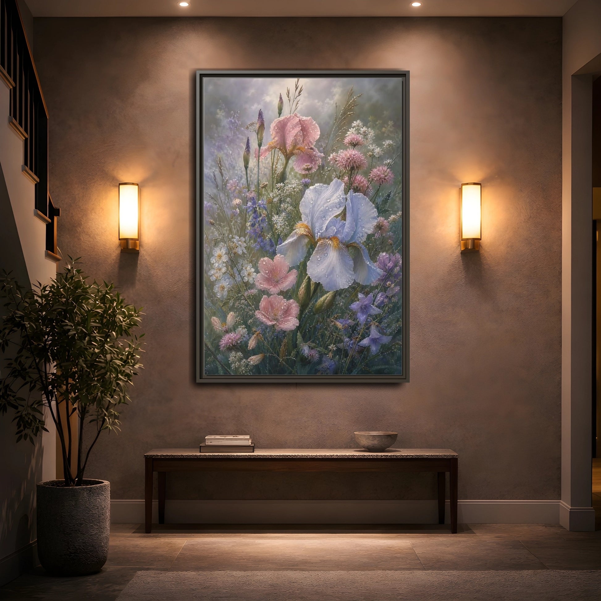 Mockup 2. Floral Dewy Flowers Pastel Floral shown as framed canvas print