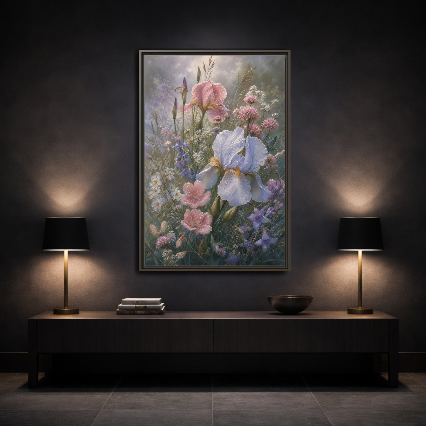 Mockup 3. Floral Dewy Flowers Pastel Floral shown as framed canvas print