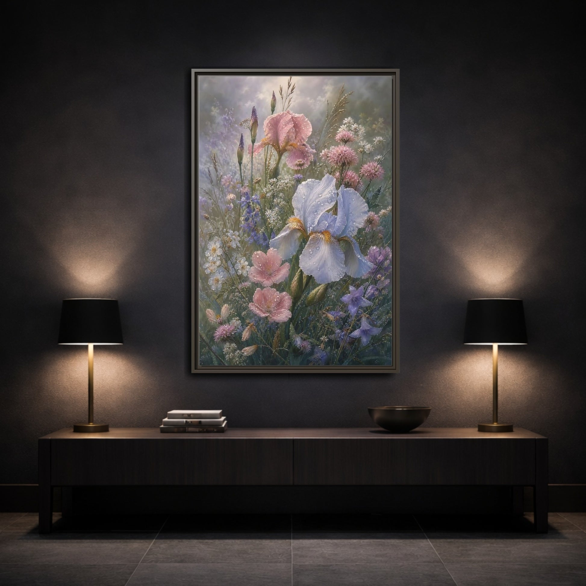 Mockup 3. Floral Dewy Flowers Pastel Floral shown as framed canvas print