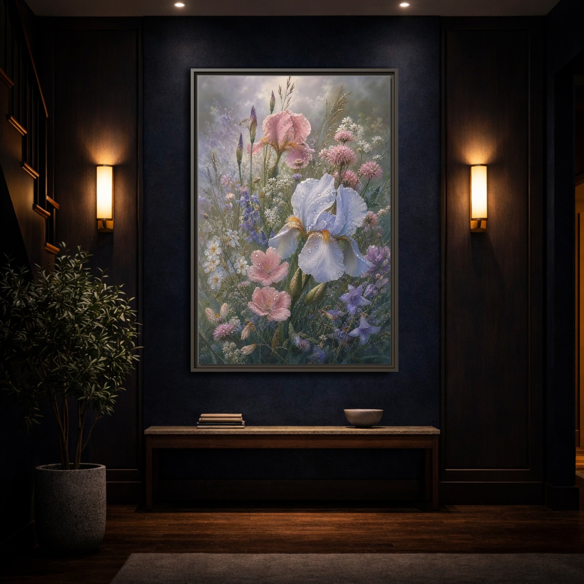 Mockup 4. Floral Dewy Flowers Pastel Floral shown as framed canvas print