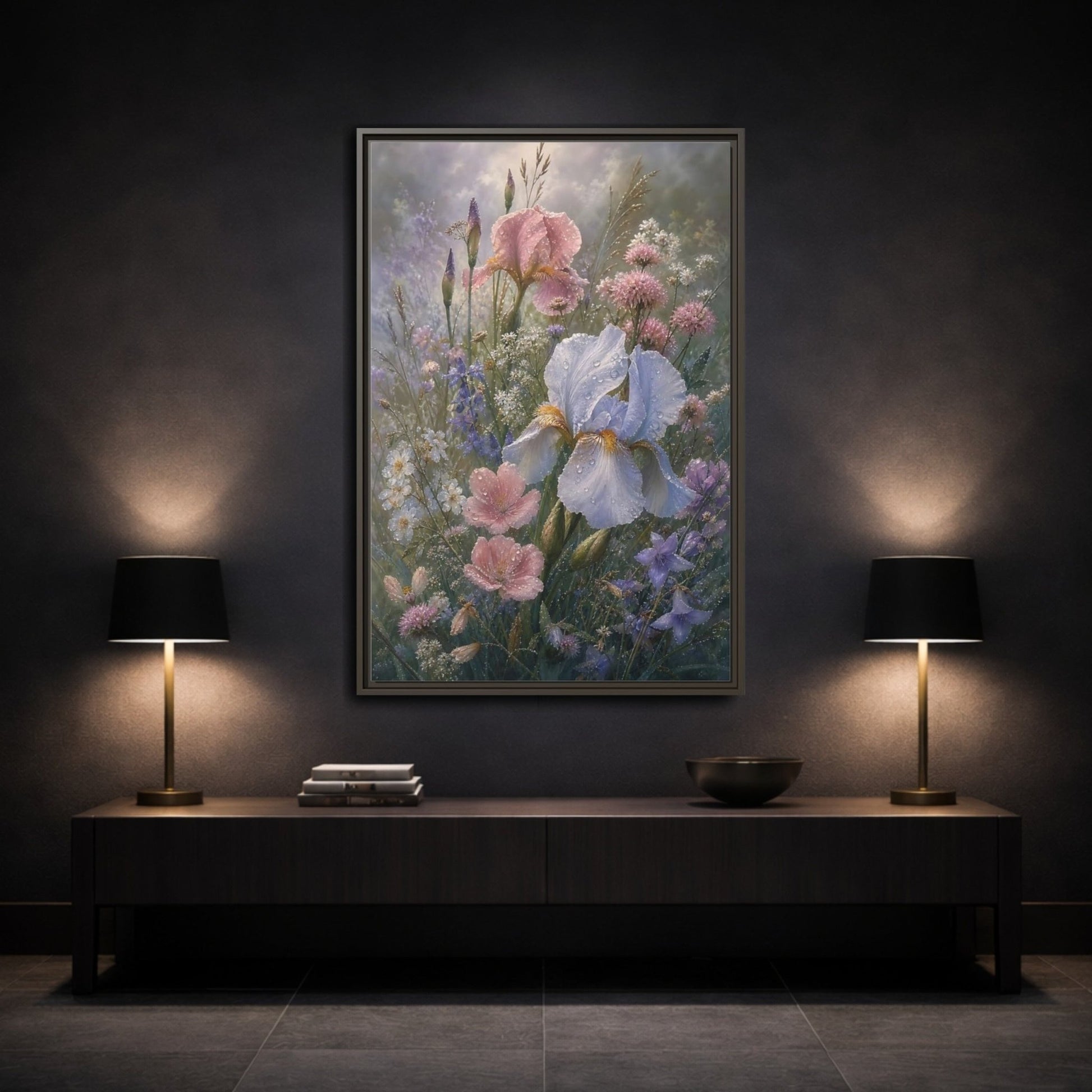 Floral Dewy Flowers Pastel Framed Canvas Print – Realistic Living Room, Above Console Table - YesArtYes