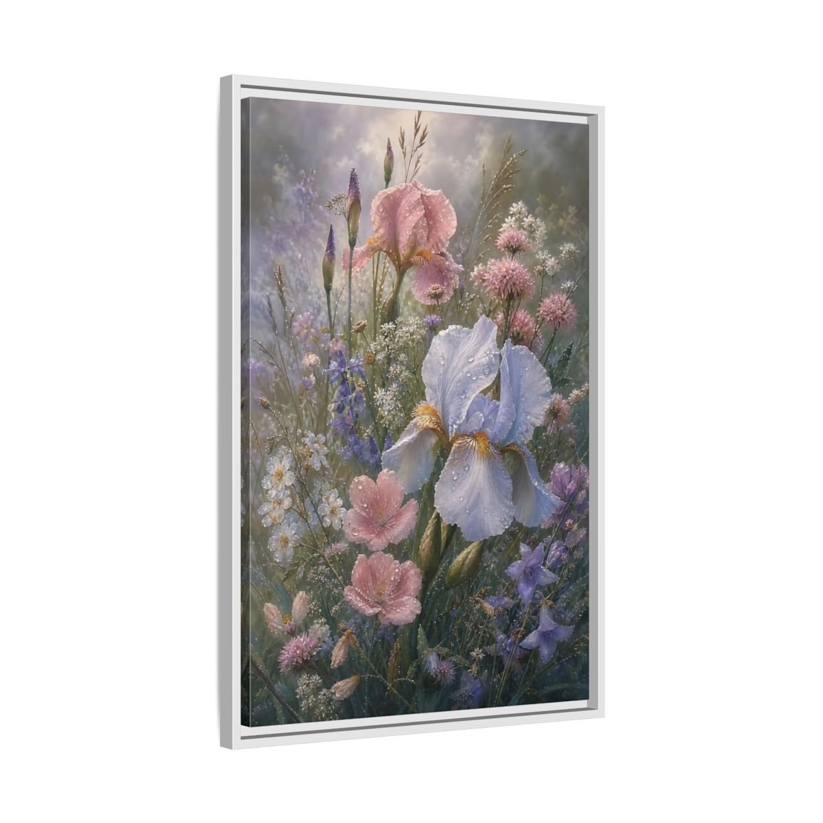 Floral Dewy Flowers Pastel Framed Canvas Print – Realistic Living Room, Above Console Table - YesArtYes