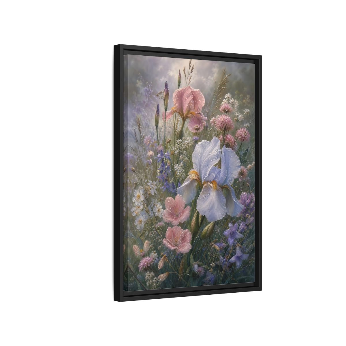 Side Mockup 3. Floral Dewy Flowers Pastel Floral shown as framed canvas print