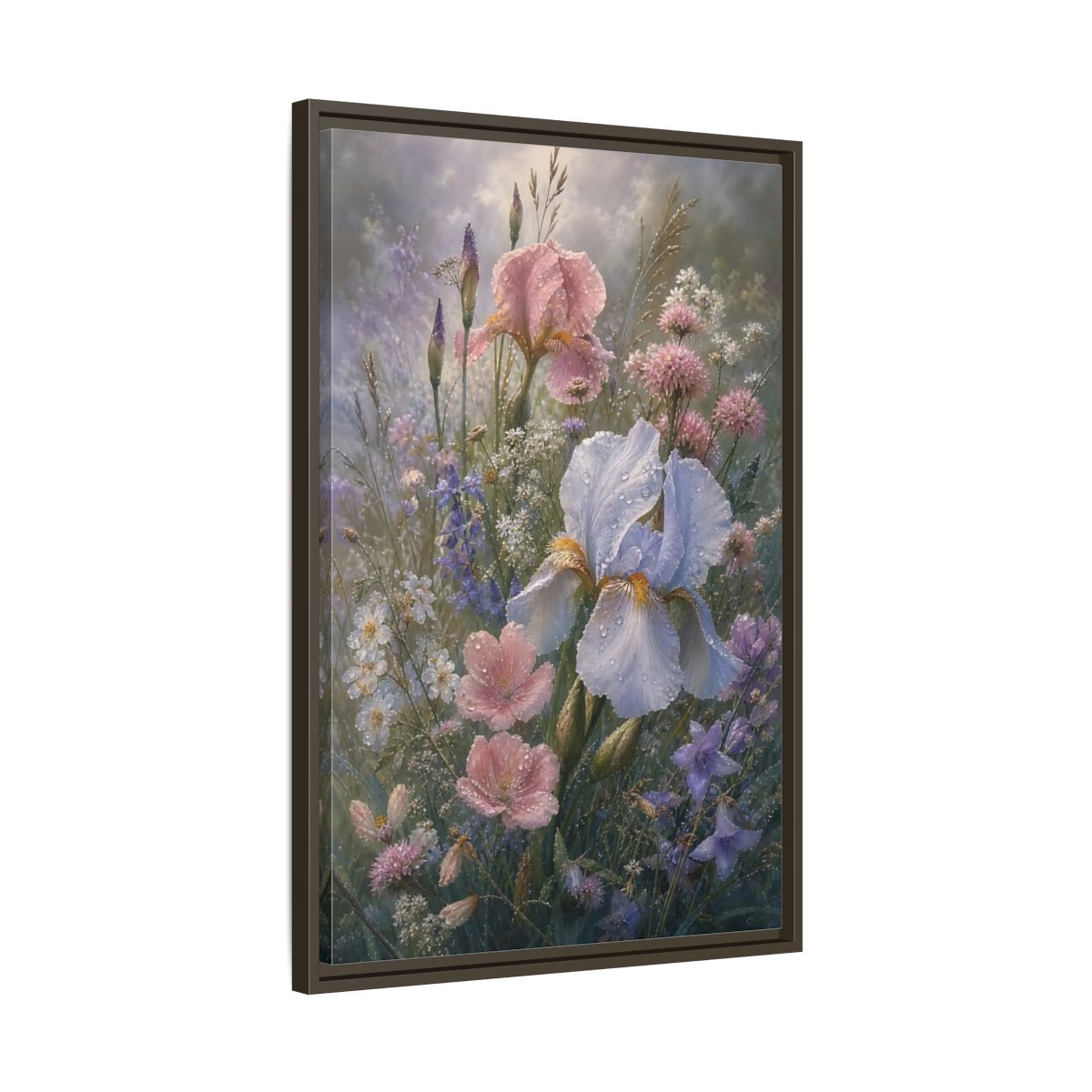 Side Mockup 11. Floral Dewy Flowers Pastel Floral shown as framed canvas print