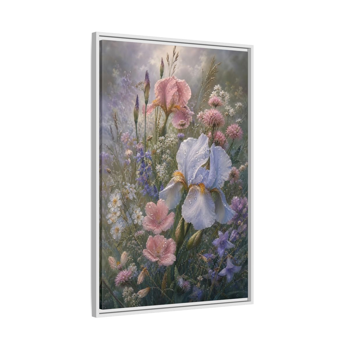 Side Mockup 9. Floral Dewy Flowers Pastel Floral shown as framed canvas print
