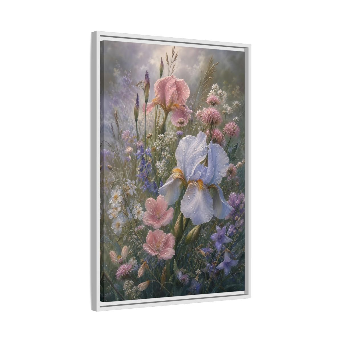 Side Mockup 10. Floral Dewy Flowers Pastel Floral shown as framed canvas print