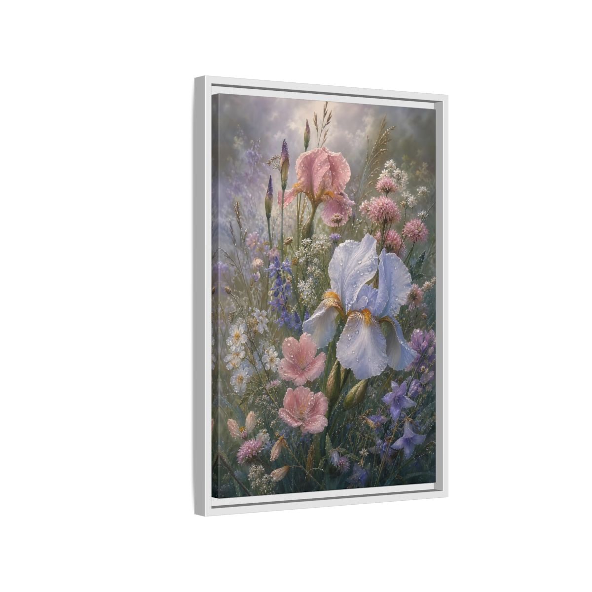 Side Mockup 1. Floral Dewy Flowers Pastel Floral shown as framed canvas print