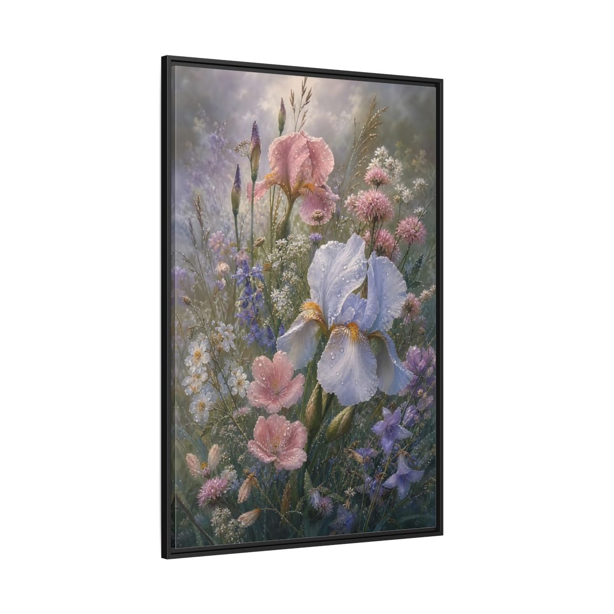 Side Mockup 12. Floral Dewy Flowers Pastel Floral shown as framed canvas print