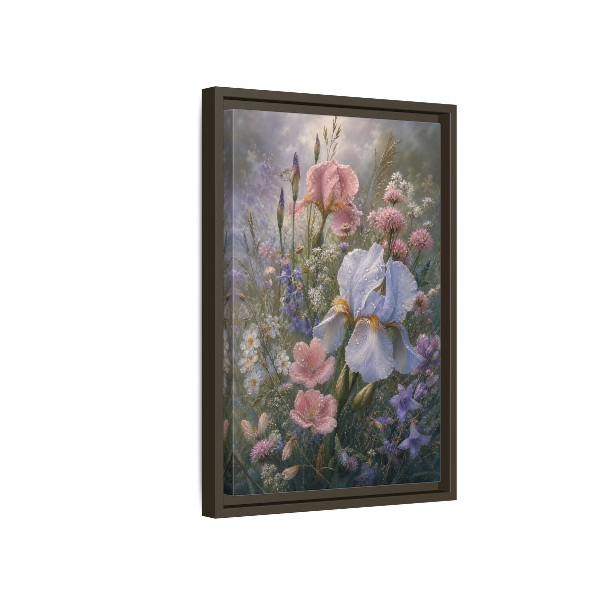 Side Mockup 5. Floral Dewy Flowers Pastel Floral shown as framed canvas print
