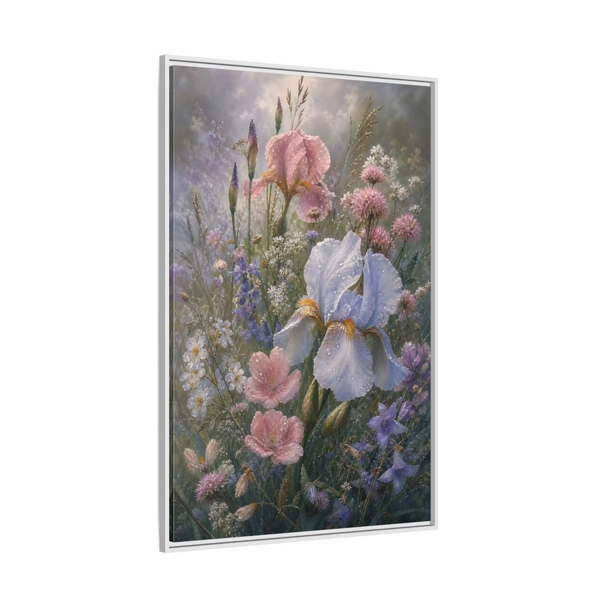 Side Mockup 7. Floral Dewy Flowers Pastel Floral shown as framed canvas print