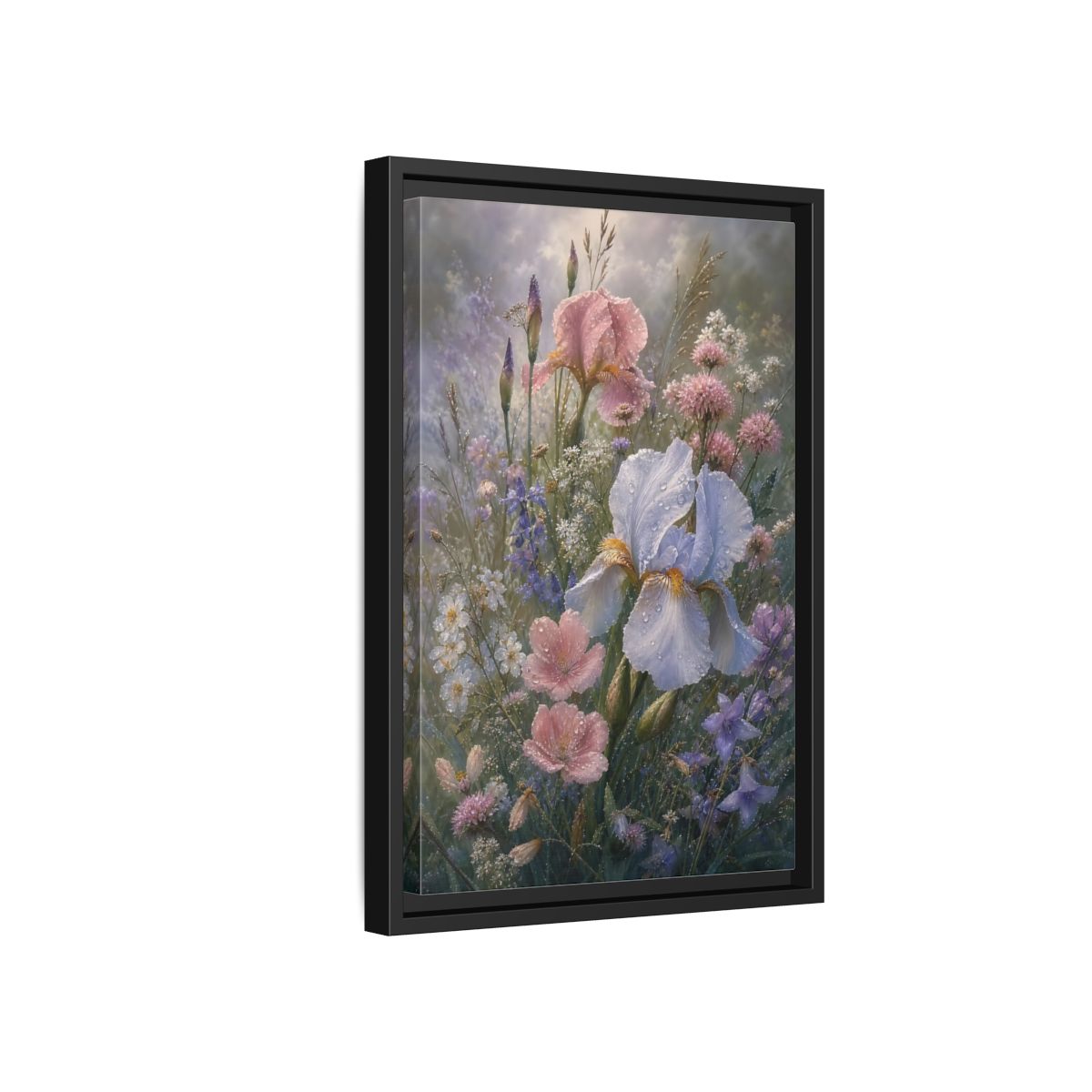 Side Mockup 6. Floral Dewy Flowers Pastel Floral shown as framed canvas print