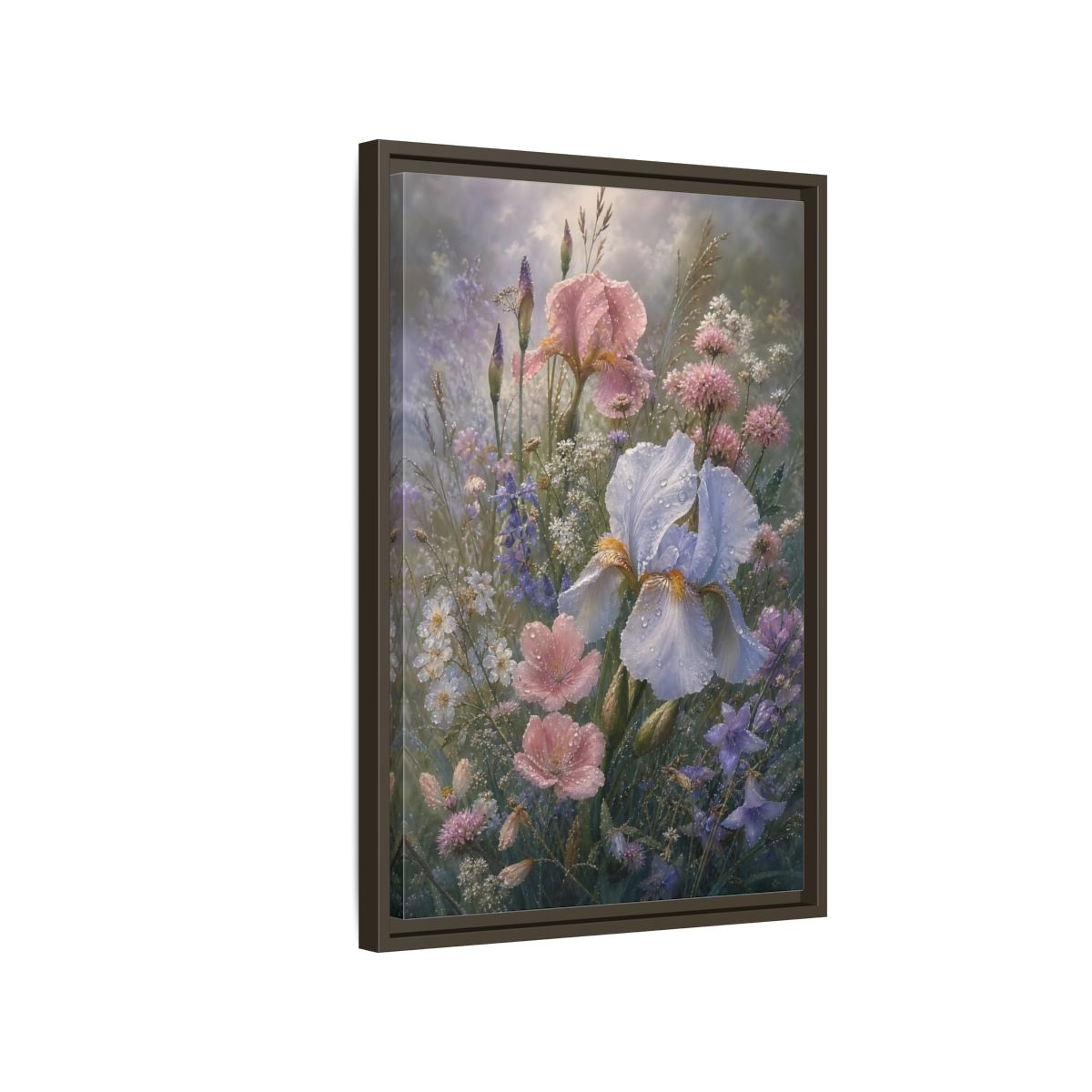 Side Mockup 2. Floral Dewy Flowers Pastel Floral shown as framed canvas print