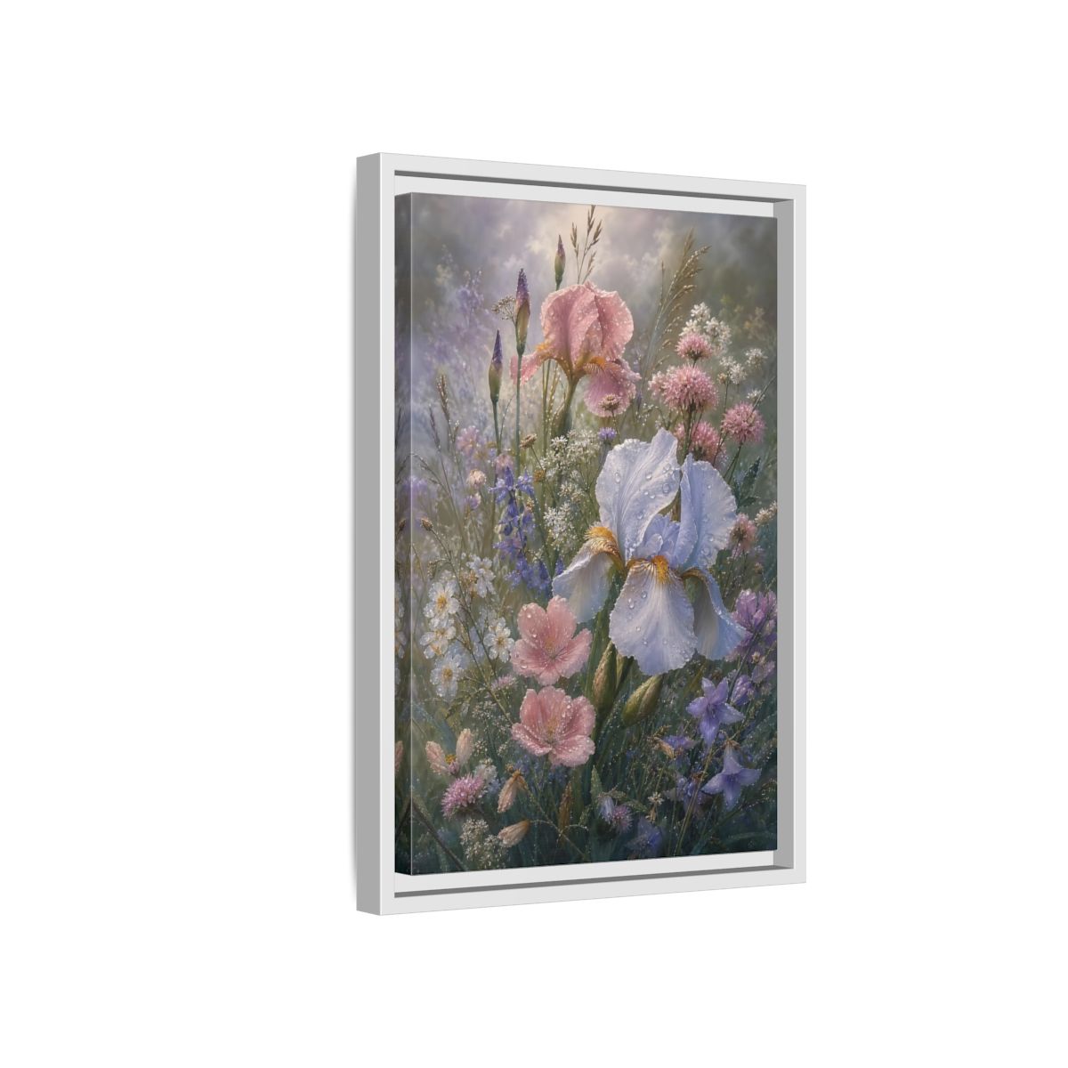 Side Mockup 4. Floral Dewy Flowers Pastel Floral shown as framed canvas print