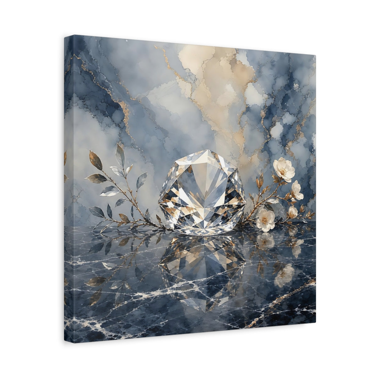 Side Mockup 6. Floral Diamond Blue Gold Diamond shown as stretched canvas wall art