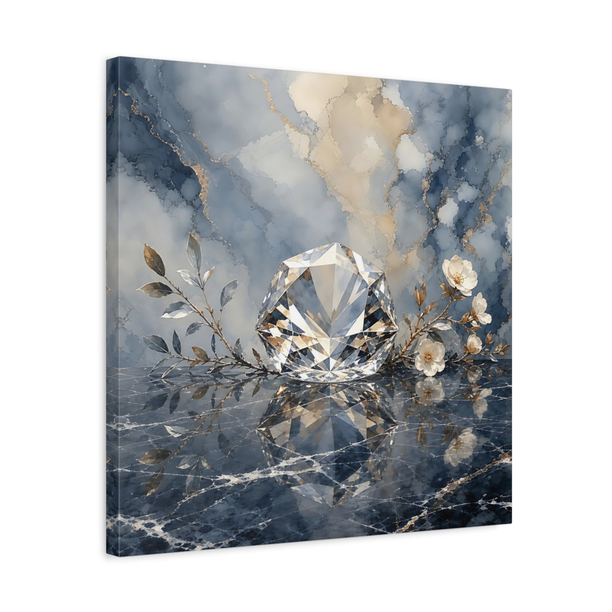 Side Mockup 5. Floral Diamond Blue Gold Diamond shown as stretched canvas wall art