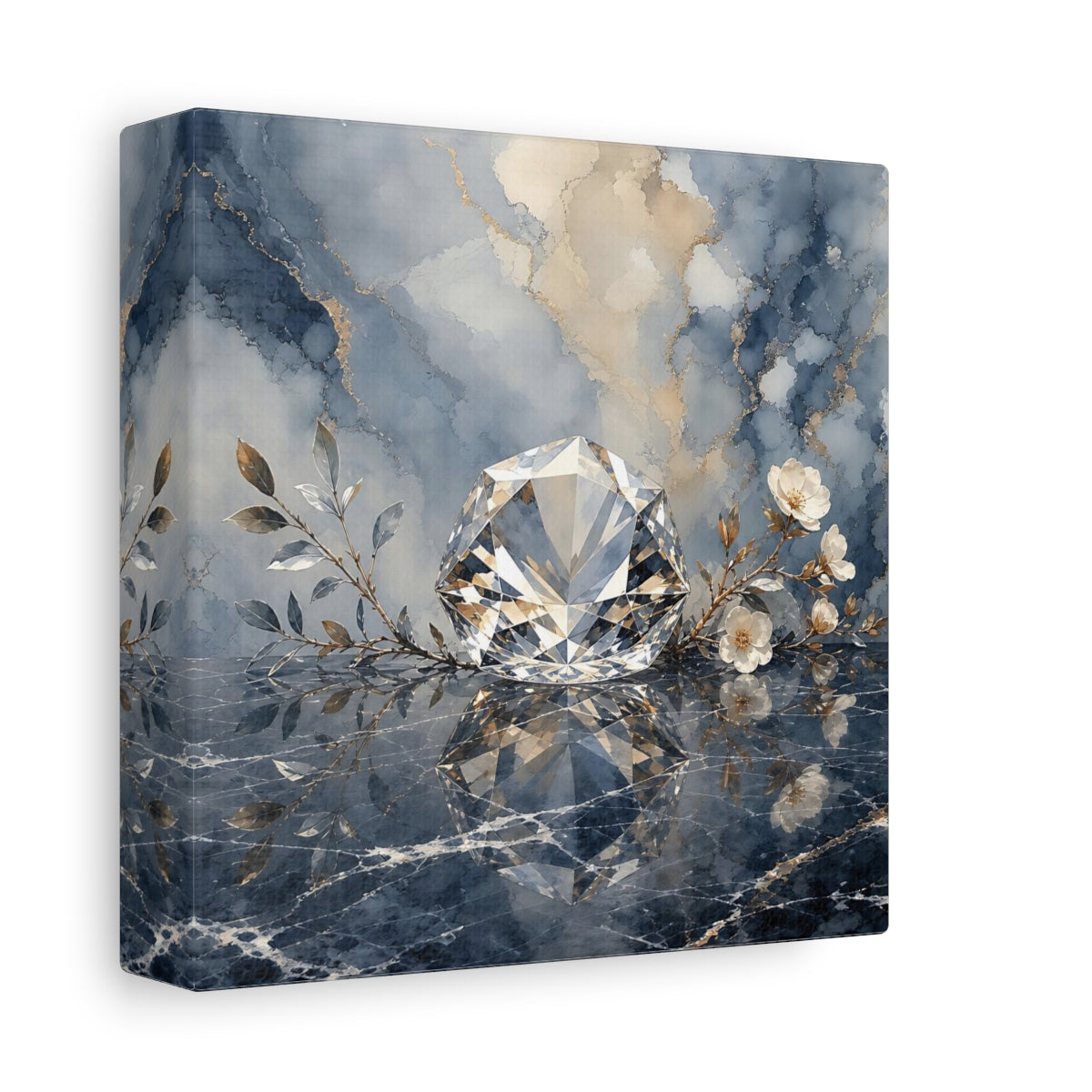 Side Mockup 2. Floral Diamond Blue Gold Diamond shown as stretched canvas wall art